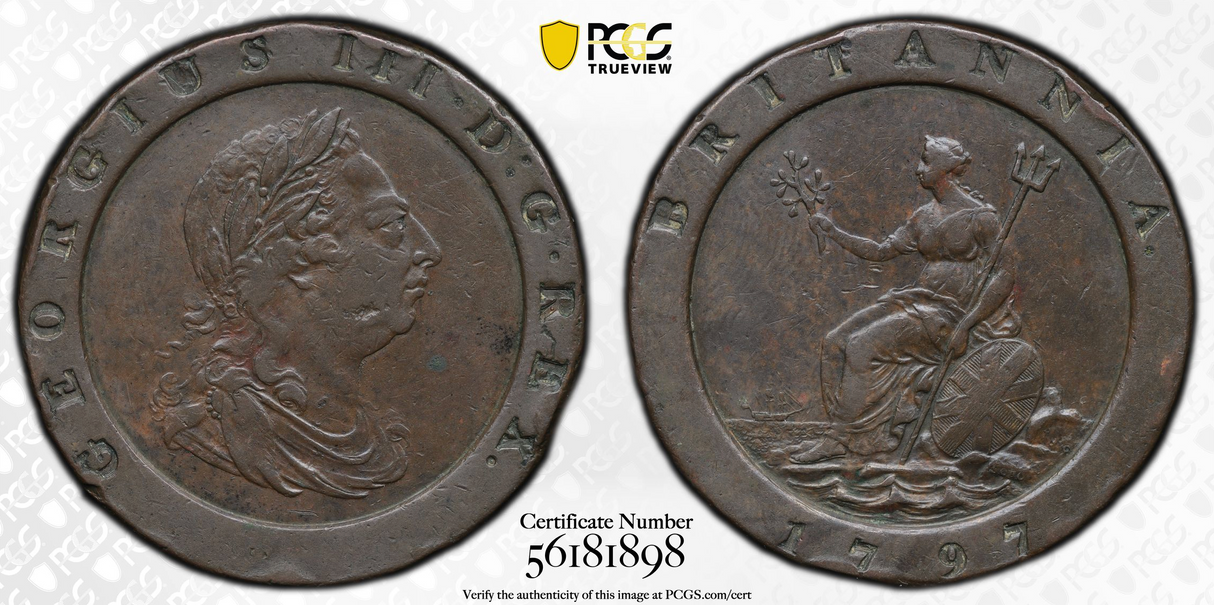1797 George III, 2D XF40 Great Britain. Chartwheel Twopence.