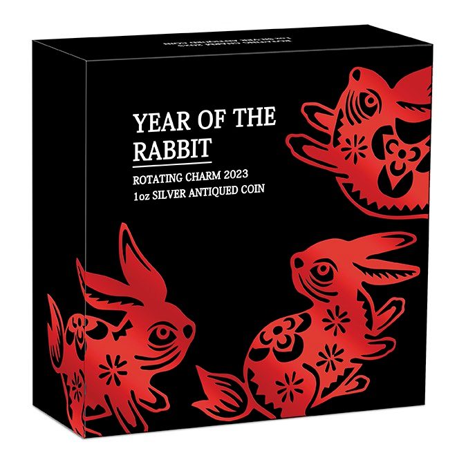 2023 1oz Silver Antiqued Coin - Year of the Rabbit Rotating Charm