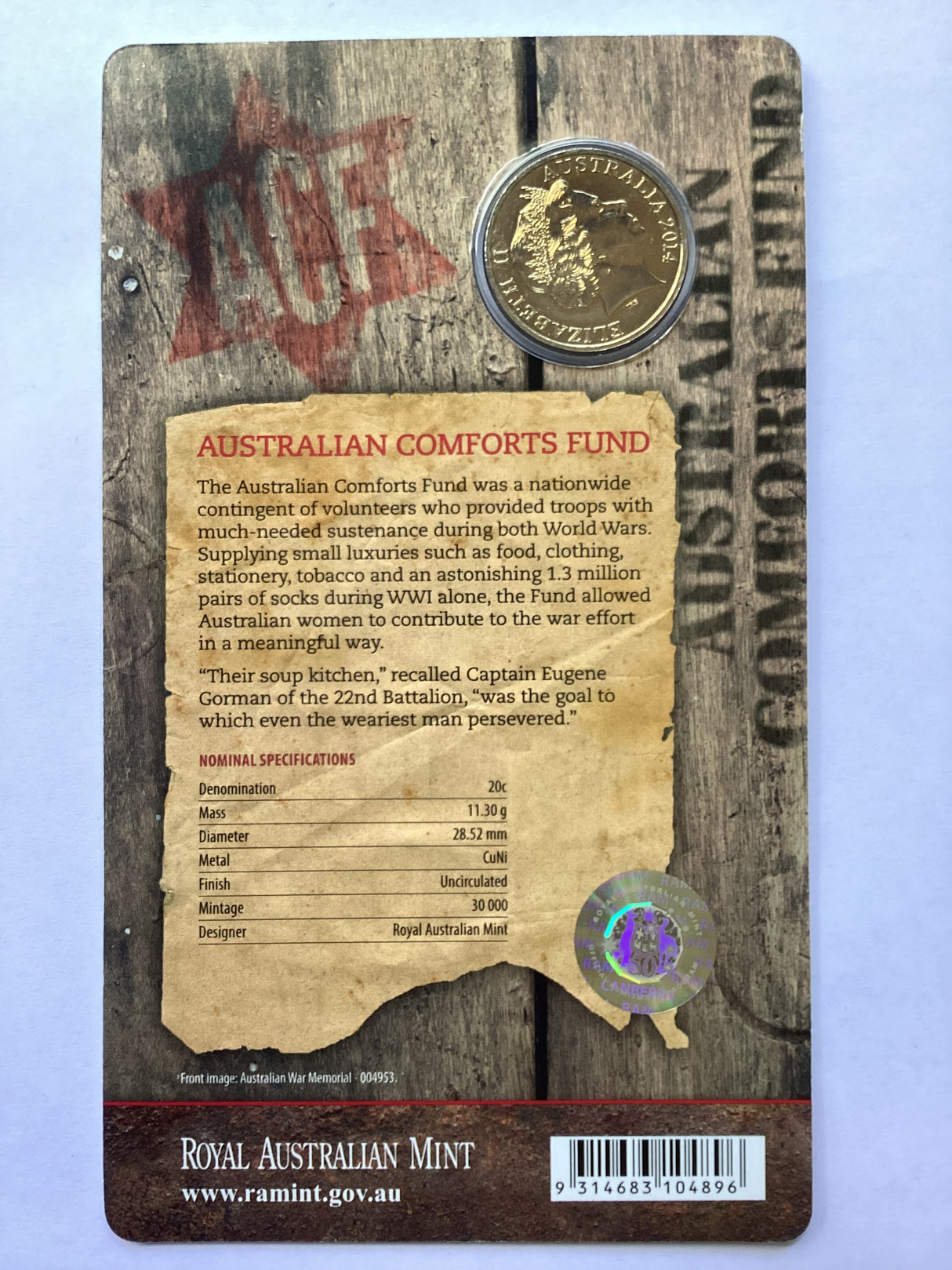 2014 20c Australia Remembers. Australian Comforts Fund