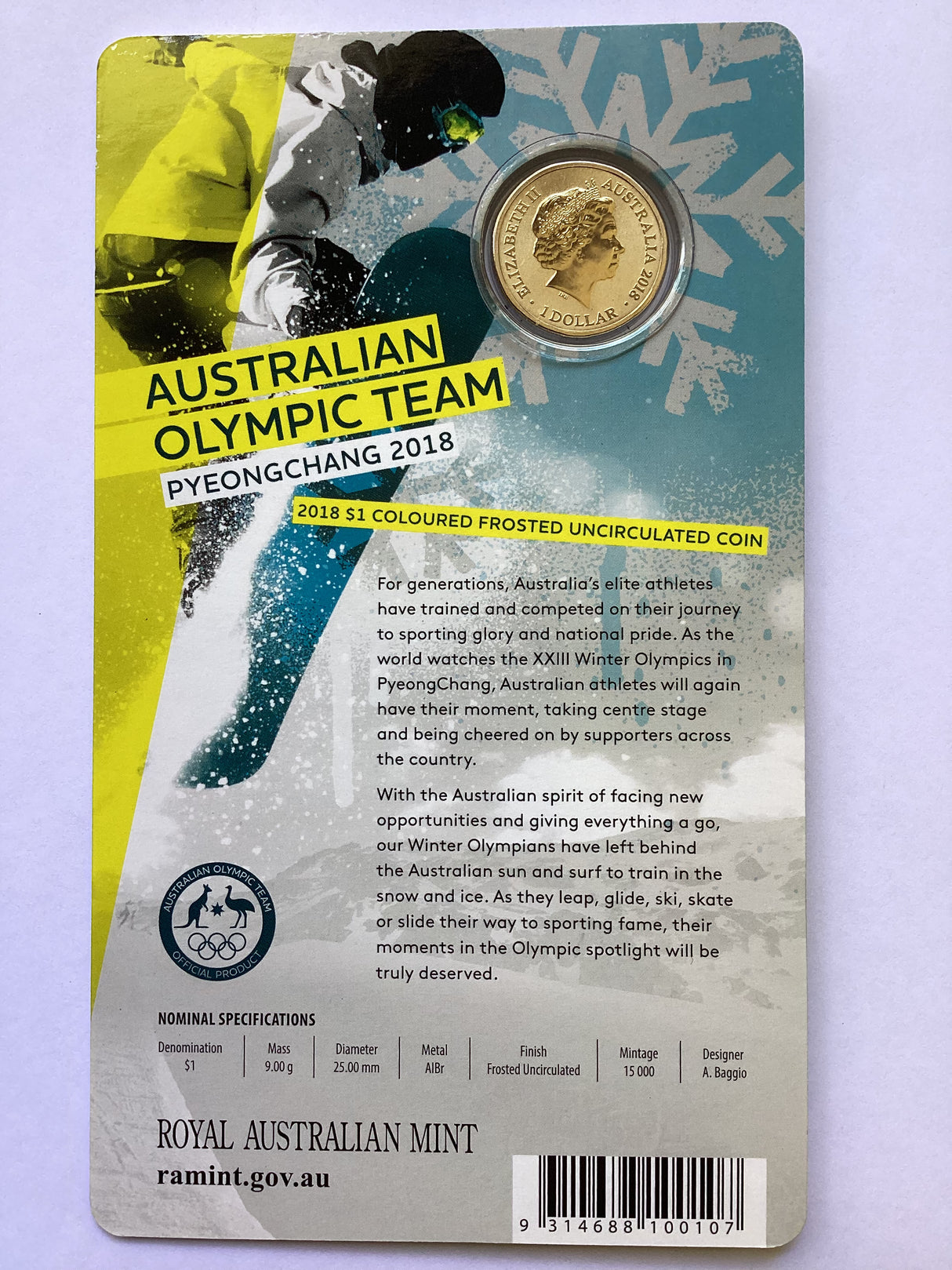 2018 $1 Coloured Uncirculated Coin. Australian Olympic Team Pyeongchang