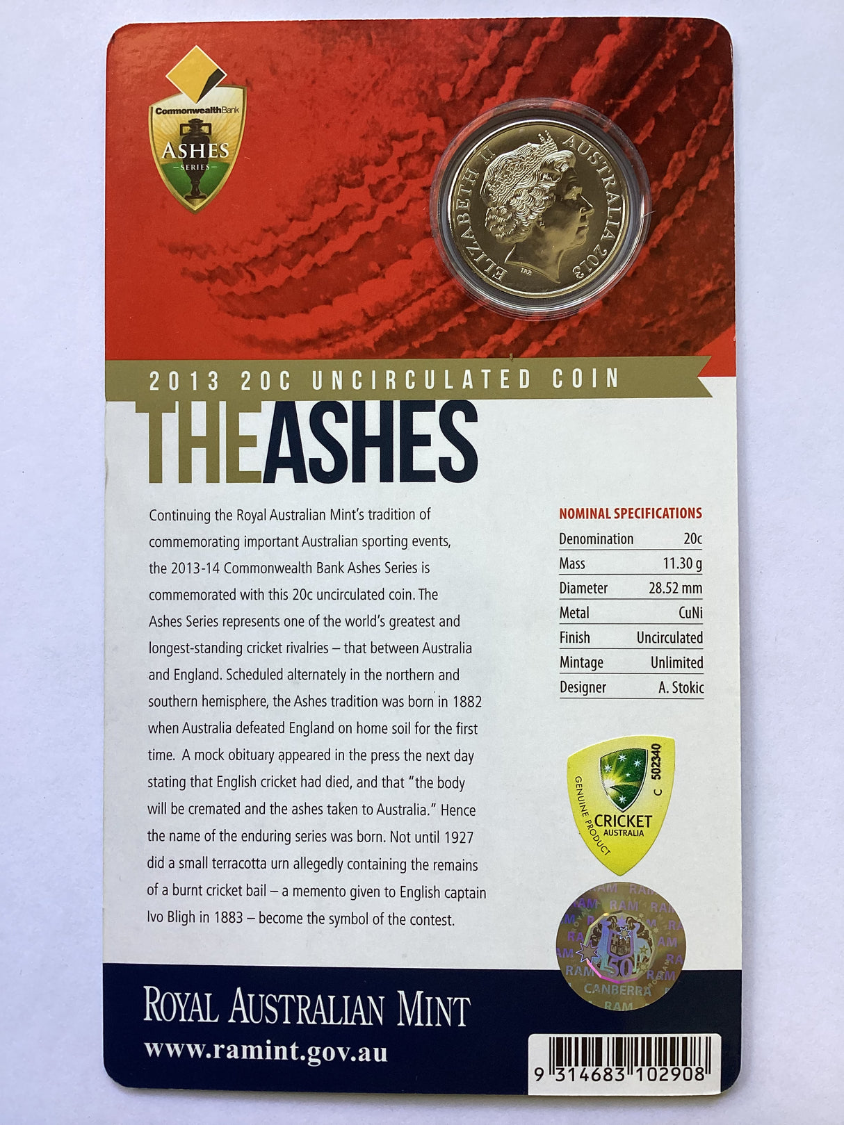 2013 20c The Ashes uncirculated carded coin