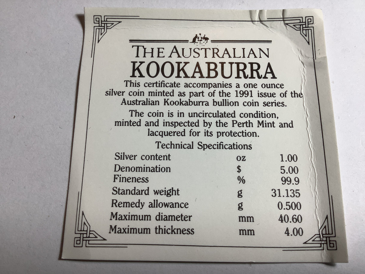 1991 Kookaburra 1 Ounce Silver Uncirculated Coin.