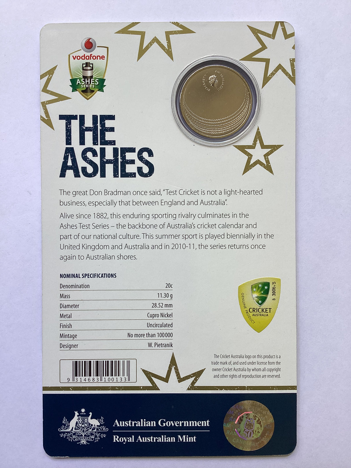 2011 20c Uncirculated Coin. The Ashes