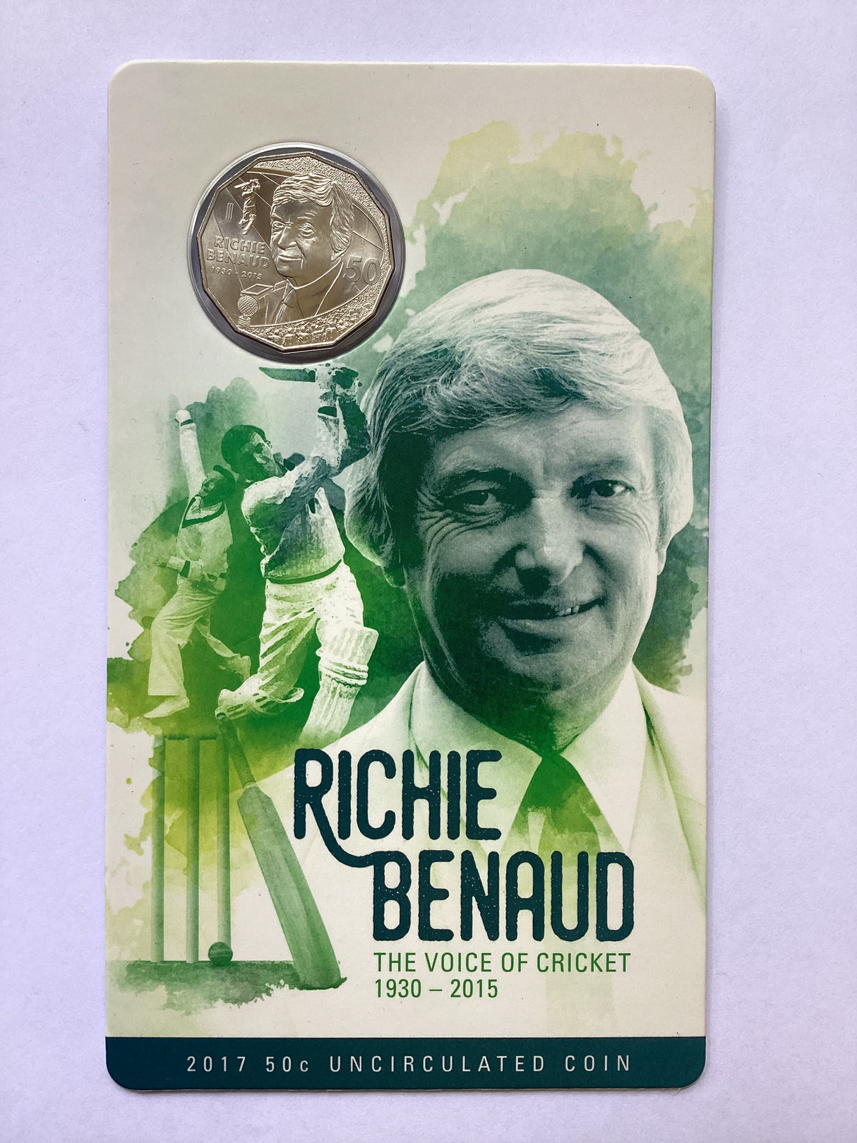 2017 50c Richie Benaud the Voice of Cricket. Carded Coin