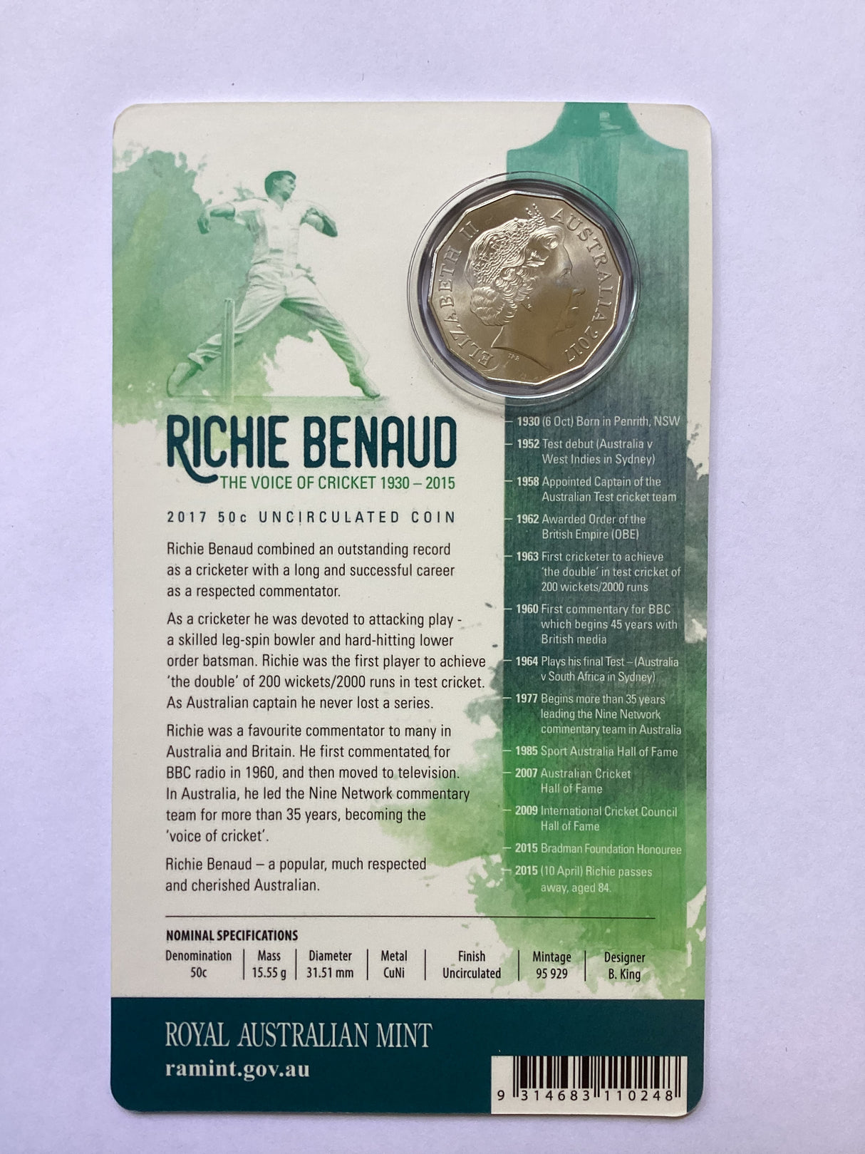 2017 50c Richie Benaud the Voice of Cricket. Carded Coin