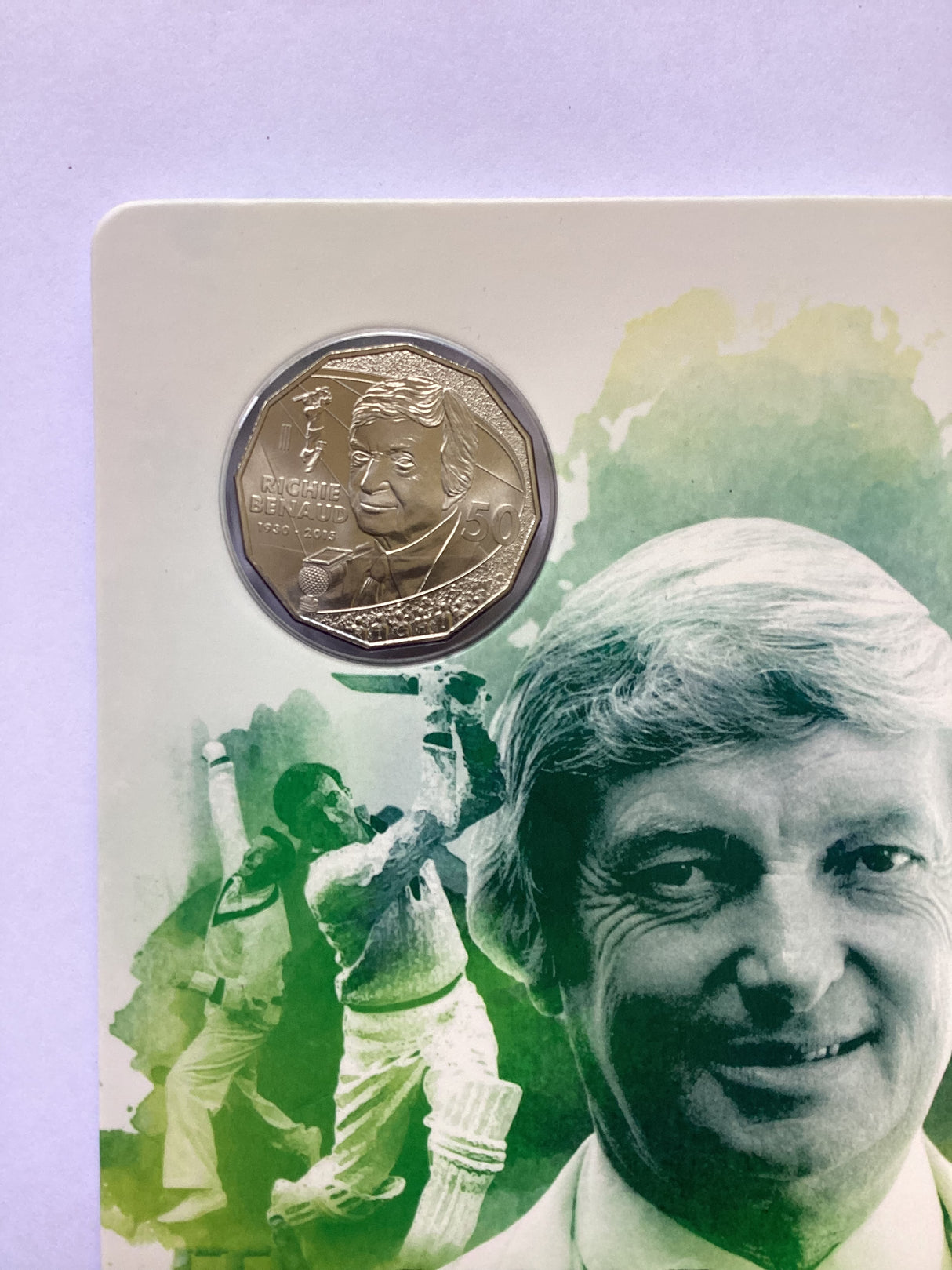 2017 50c Richie Benaud the Voice of Cricket. Carded Coin