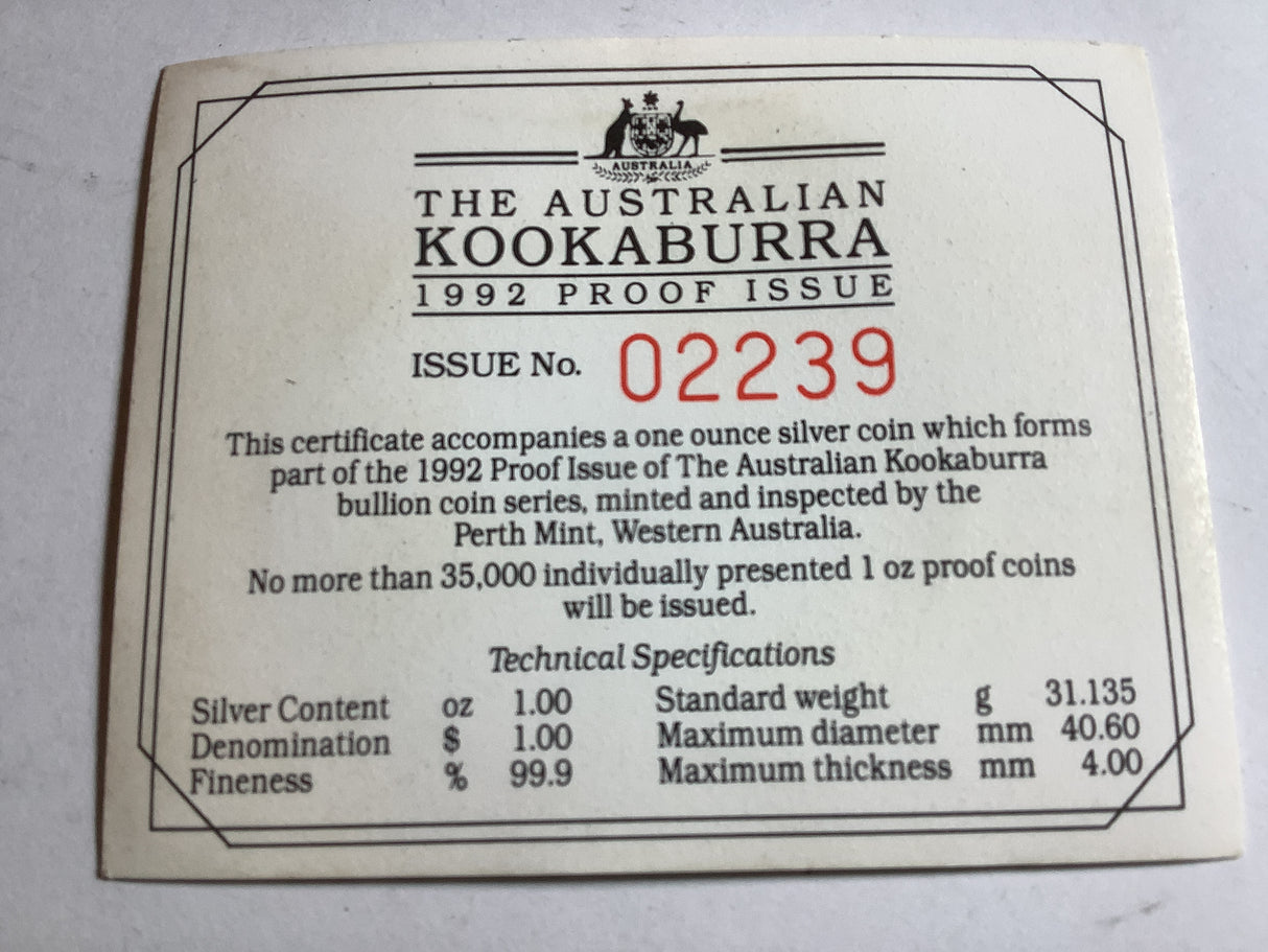 1992 Kookaburra 1 Ounce Silver Proof Coin.