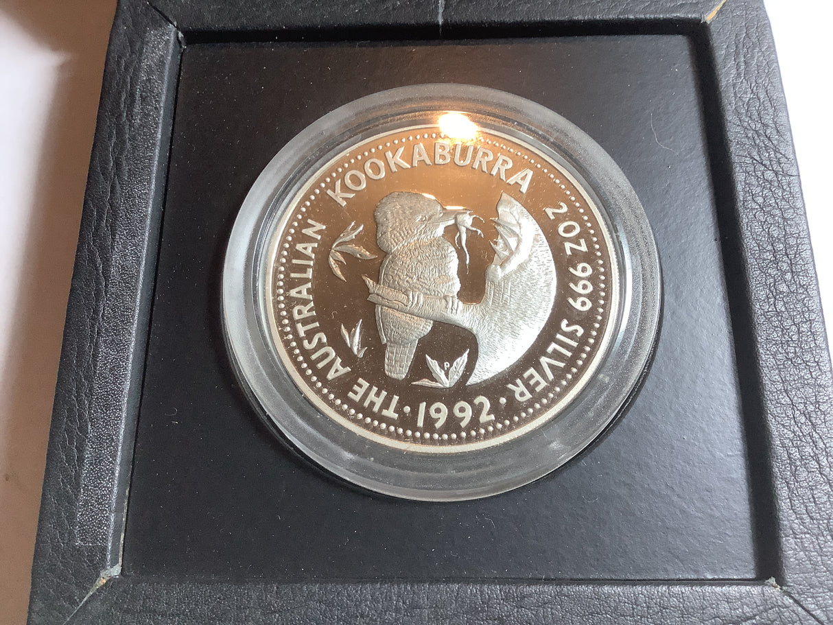 1992 Kookaburra 2 Ounce Silver Proof Coin.