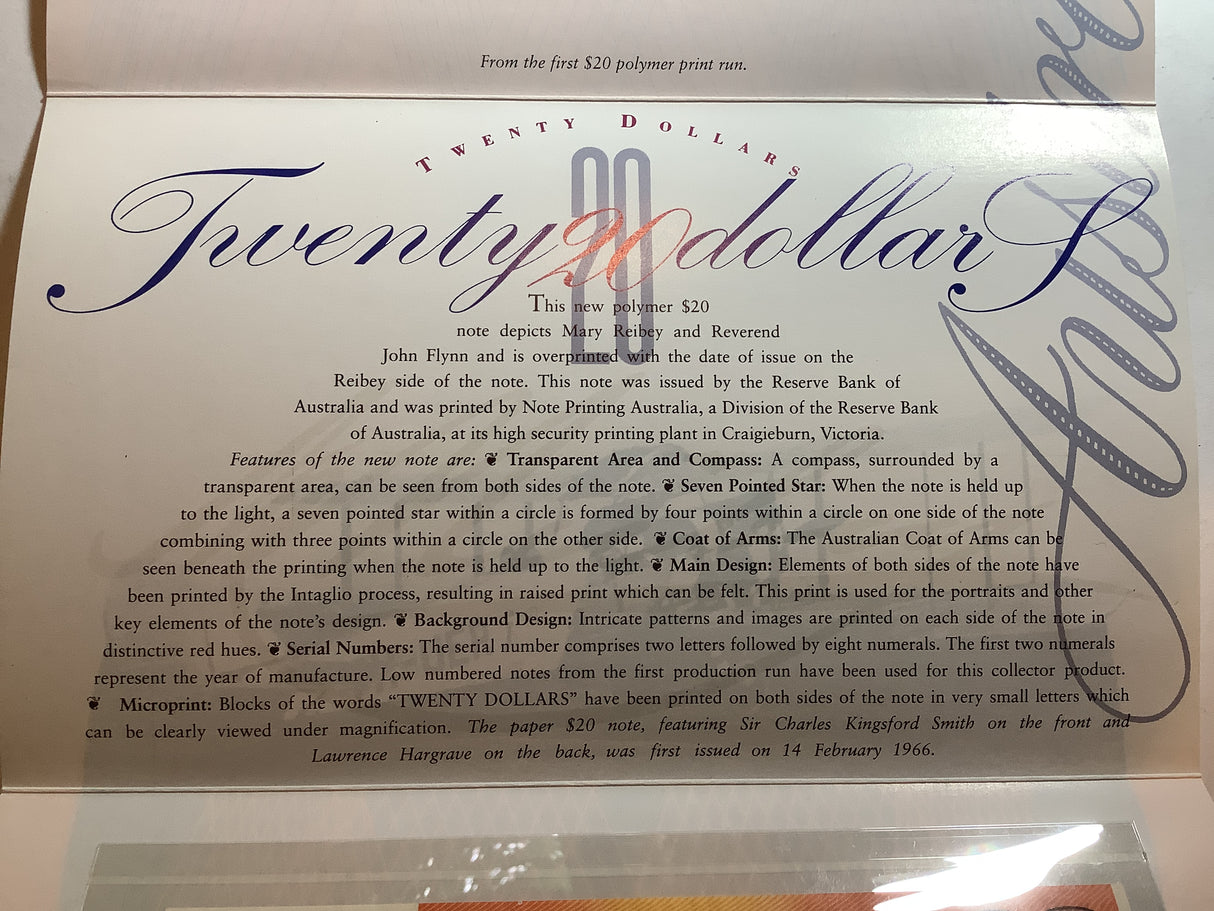 1994 Note Printing Australia. First and Last $20 Note Collection.