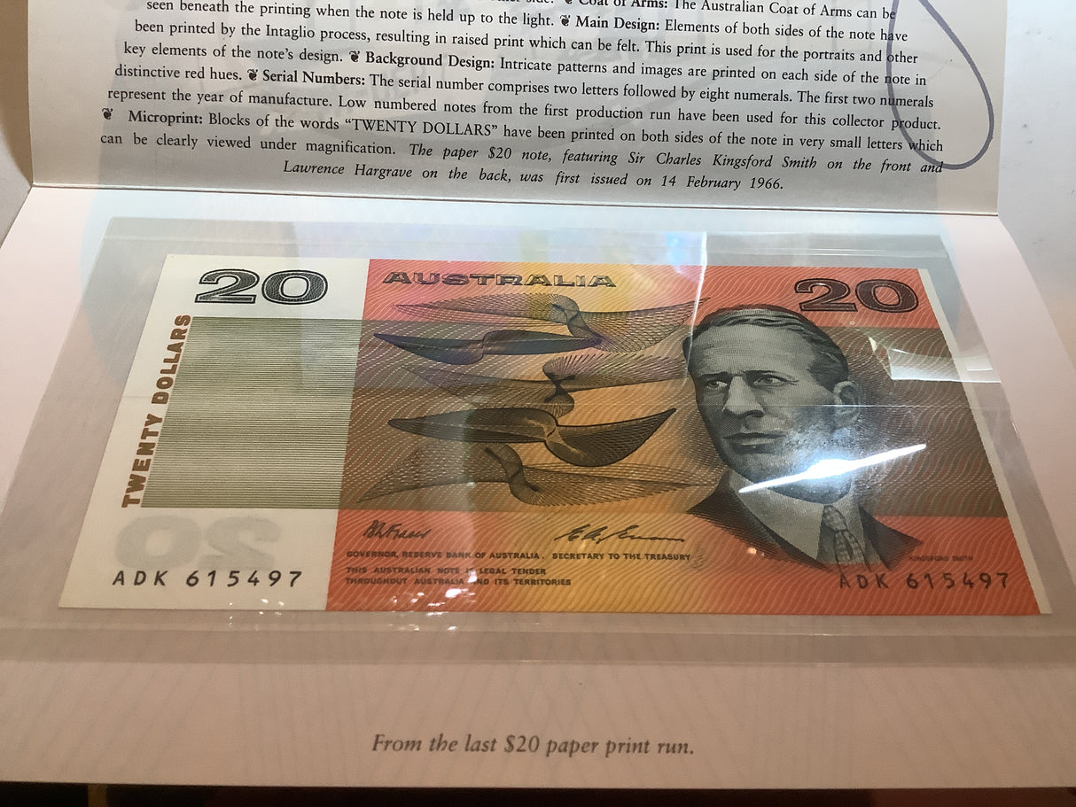 1994 Note Printing Australia. First and Last $20 Note Collection.