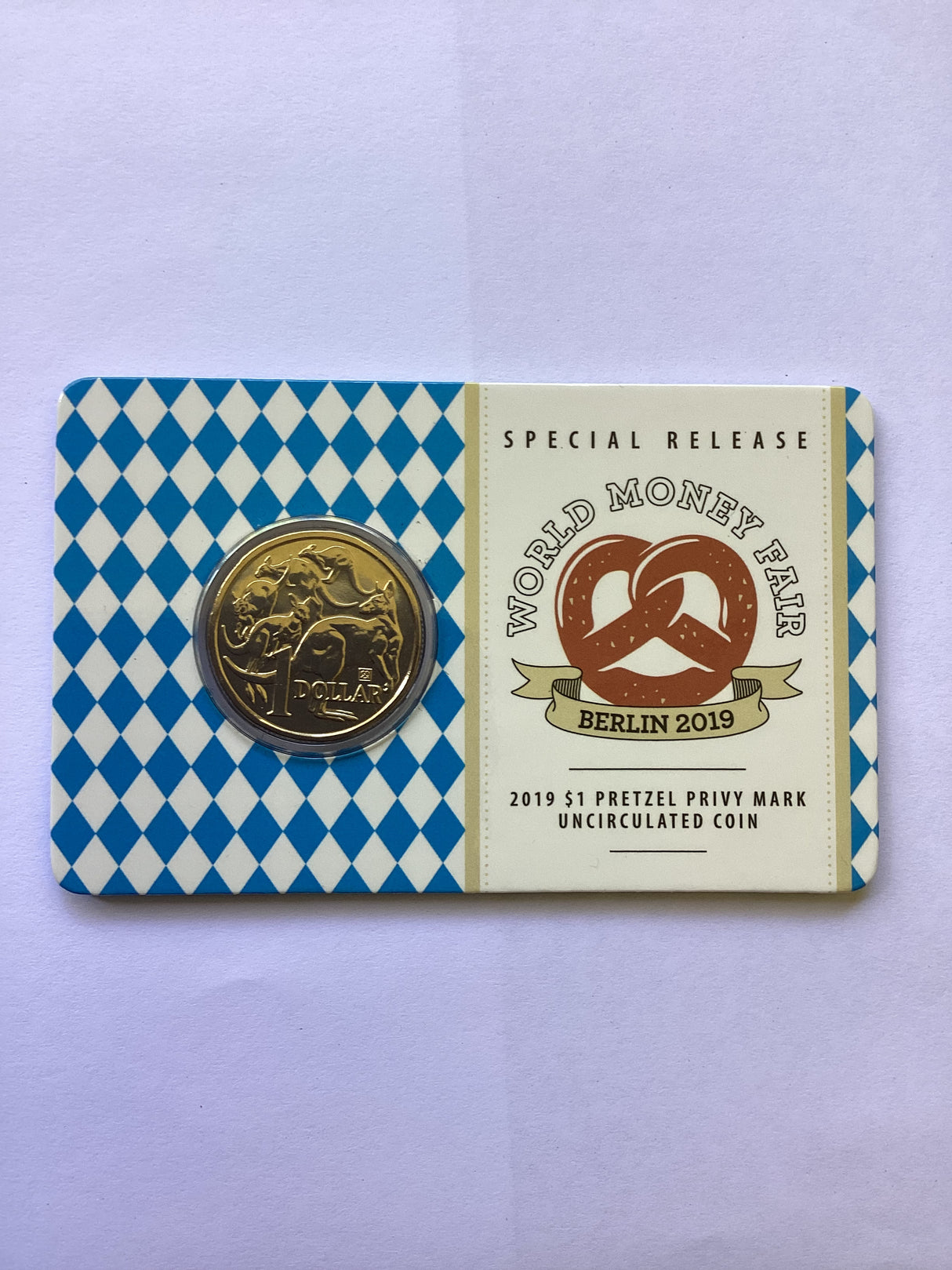 2019 $1 Pretzel Privy Mark Uncirculated Coin. World Money Fair Berlin