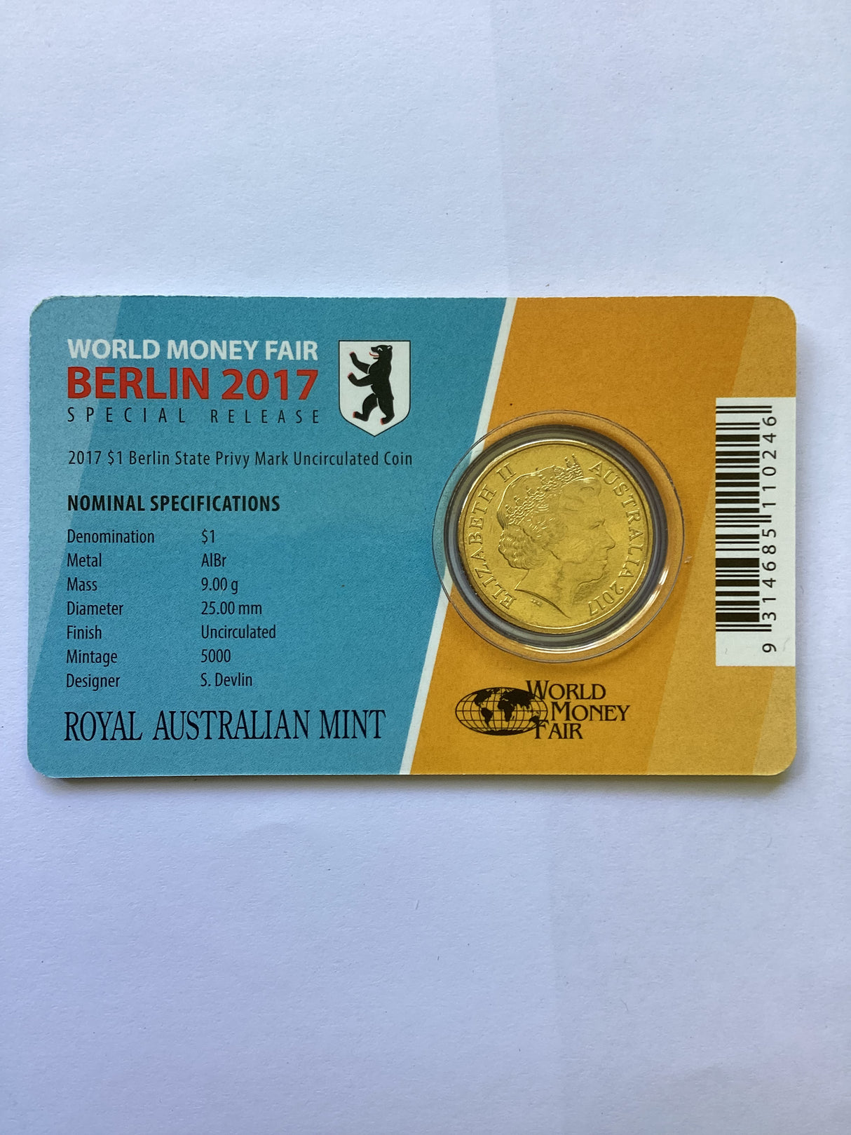 2017 $1 Berlin State Privy Mark Uncirculated Coin. World Money Fair Berlin