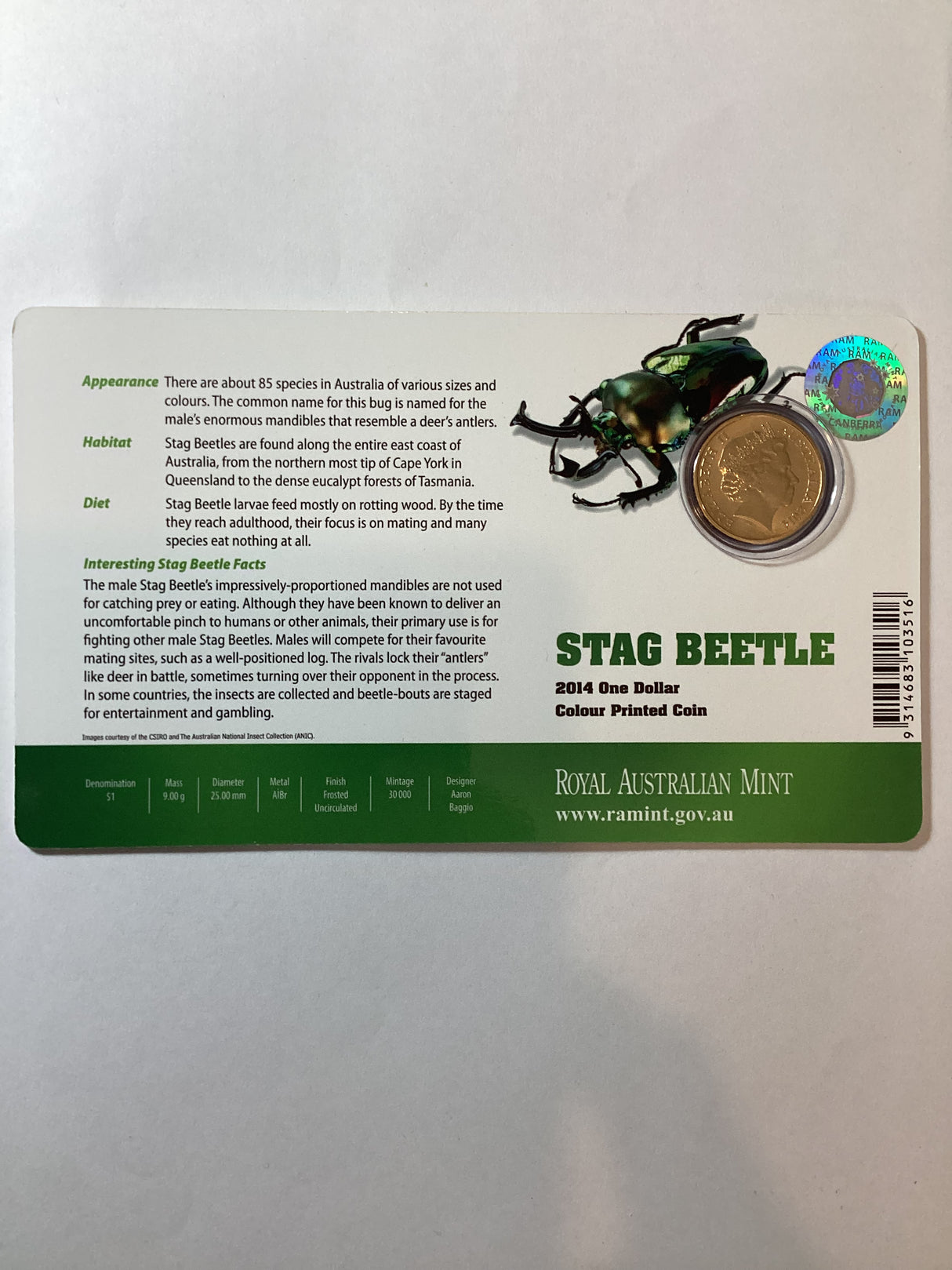 2014 $1 Stag Beetle Colour Printed Coin