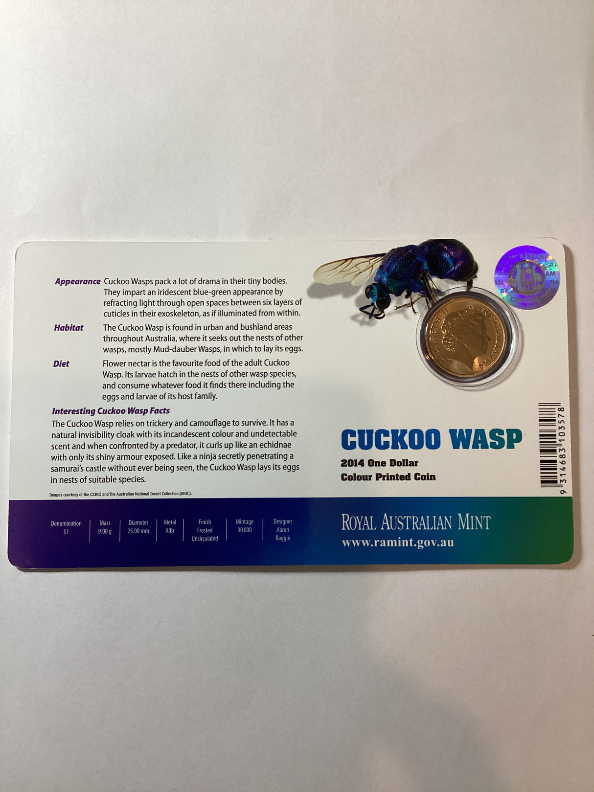 2014 $1 Cuckoo Wasp Colour Printed Coin