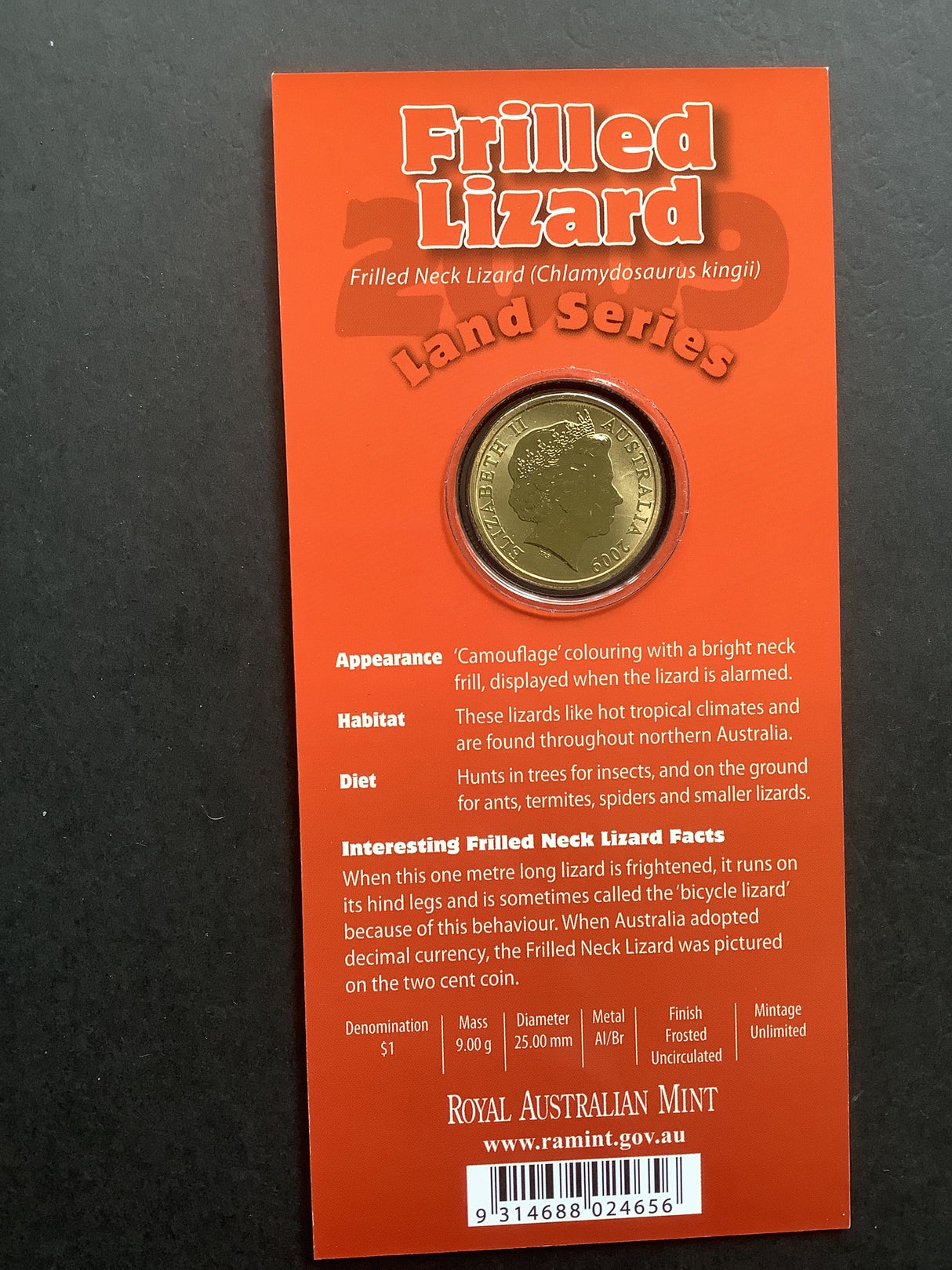 2009 $1 Frilled LIzard Land Care Series. Pad Printed Coin