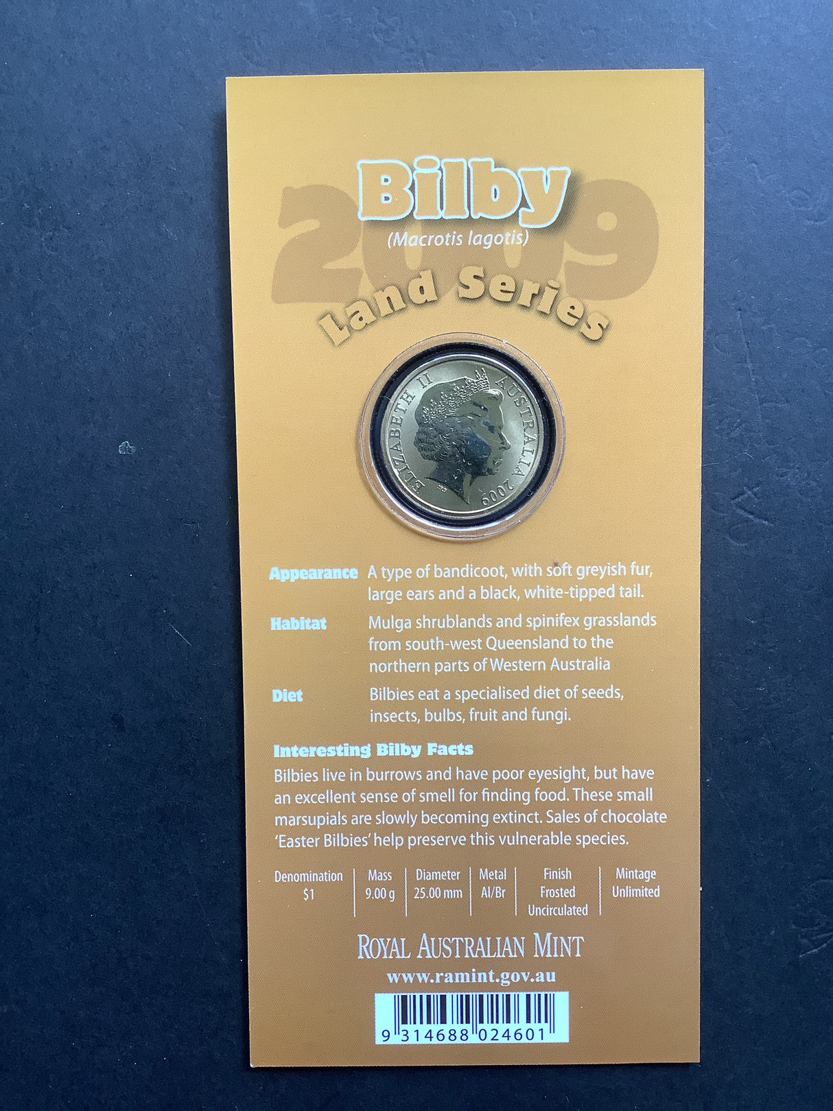 2009 $1 Bilby Land Care Series. Pad Printed Coin