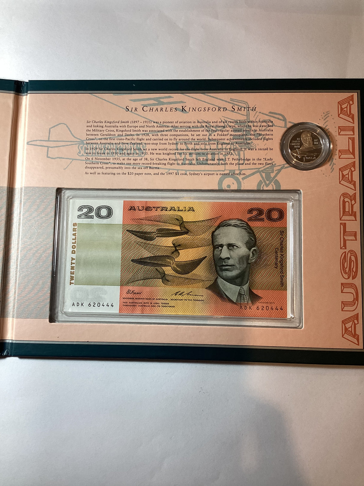 1997 $1 Coin and $20 Paper Decimal Banknote Portfolio. Sir Charles Kingsford Smith