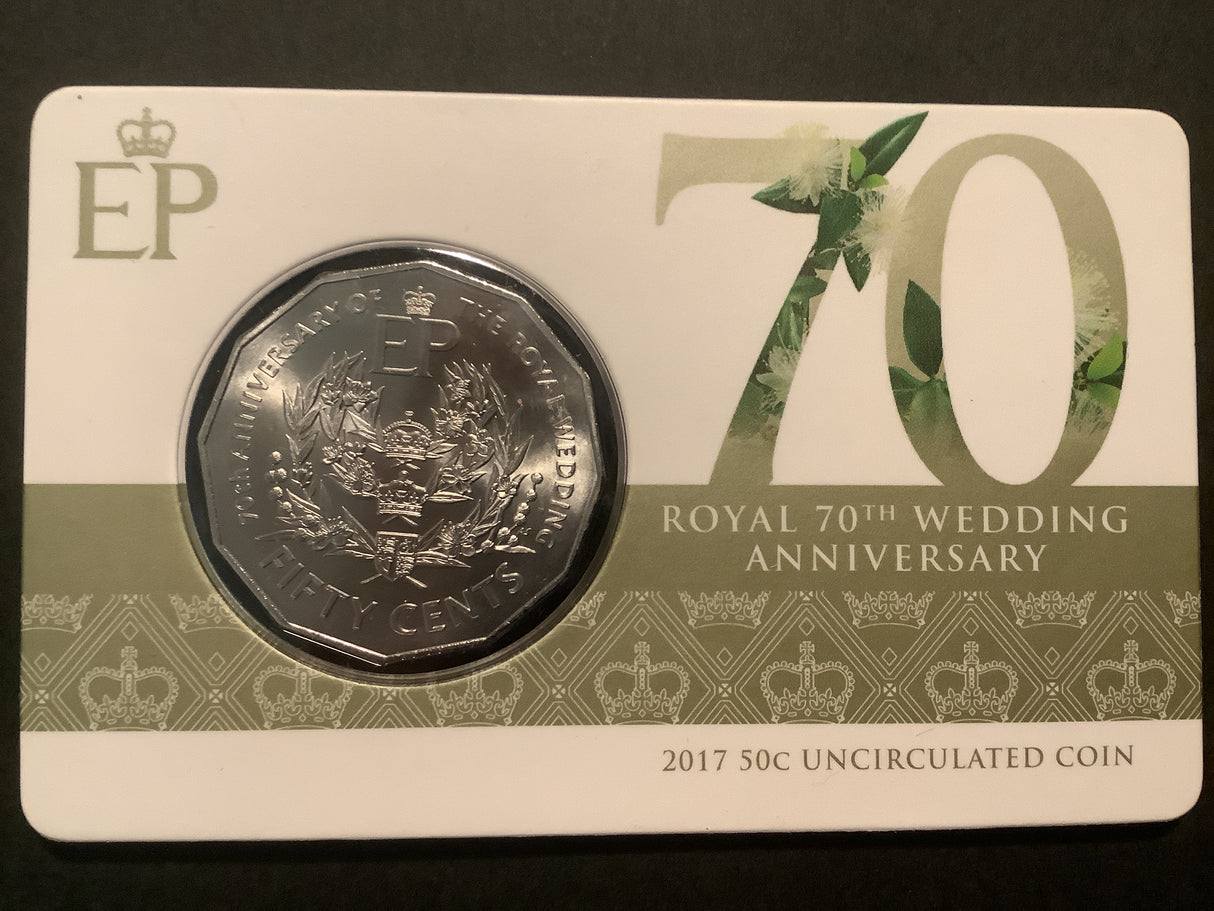 2017 50c 70th Wedding Anniversary UNC Carded Coin.