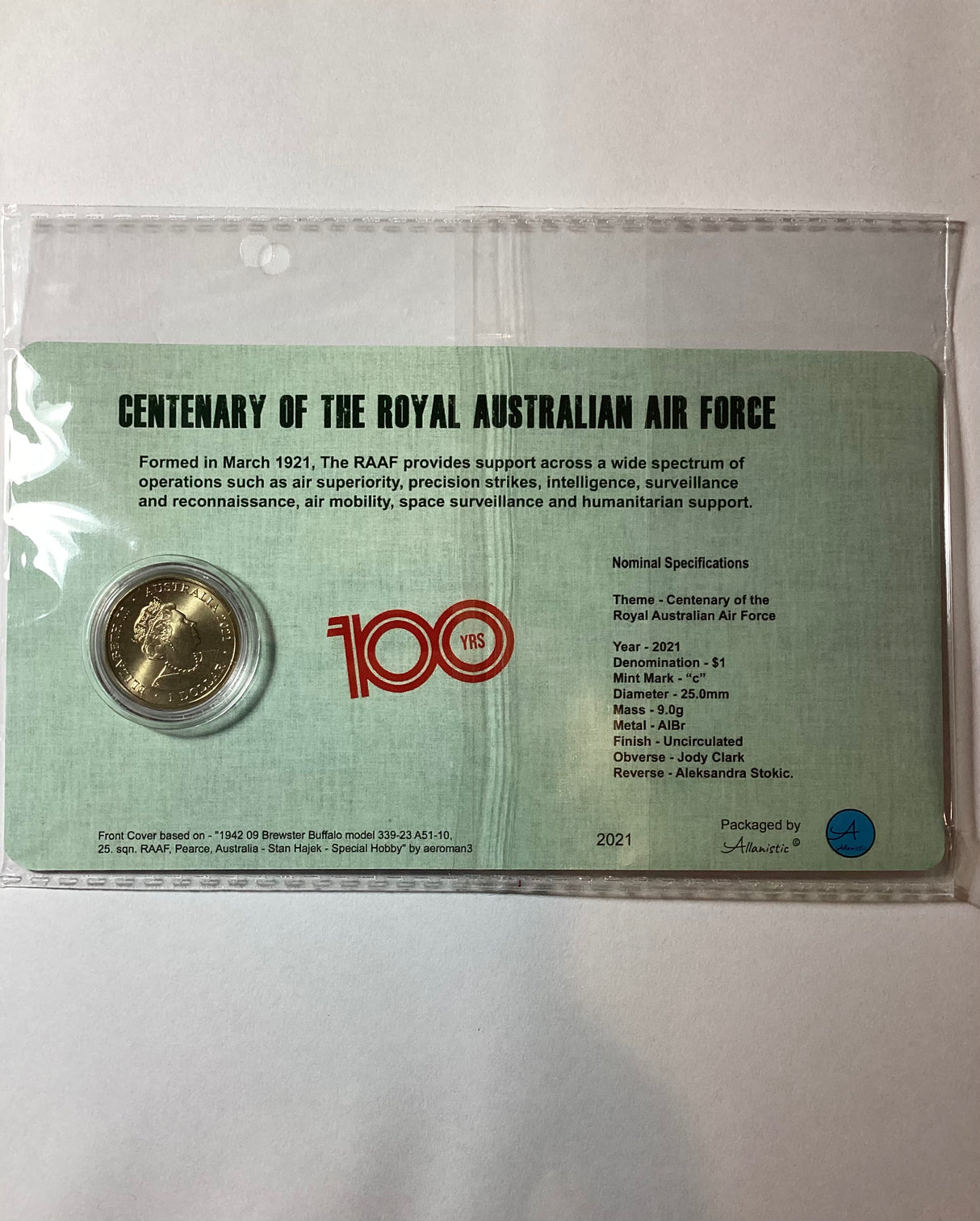 2021 Centenary of the Royal Australian Air Force $1 Private issue Carded Coin
