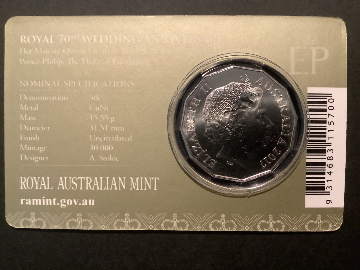 2017 50c 70th Wedding Anniversary UNC Carded Coin.