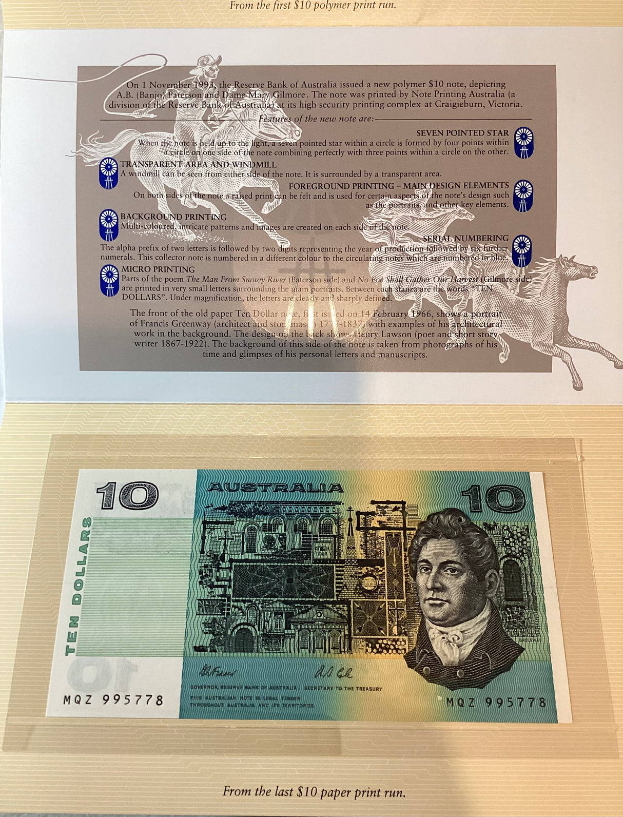 1993 Note Printing Australia. First $10 Polymer. Last $10 Paper.