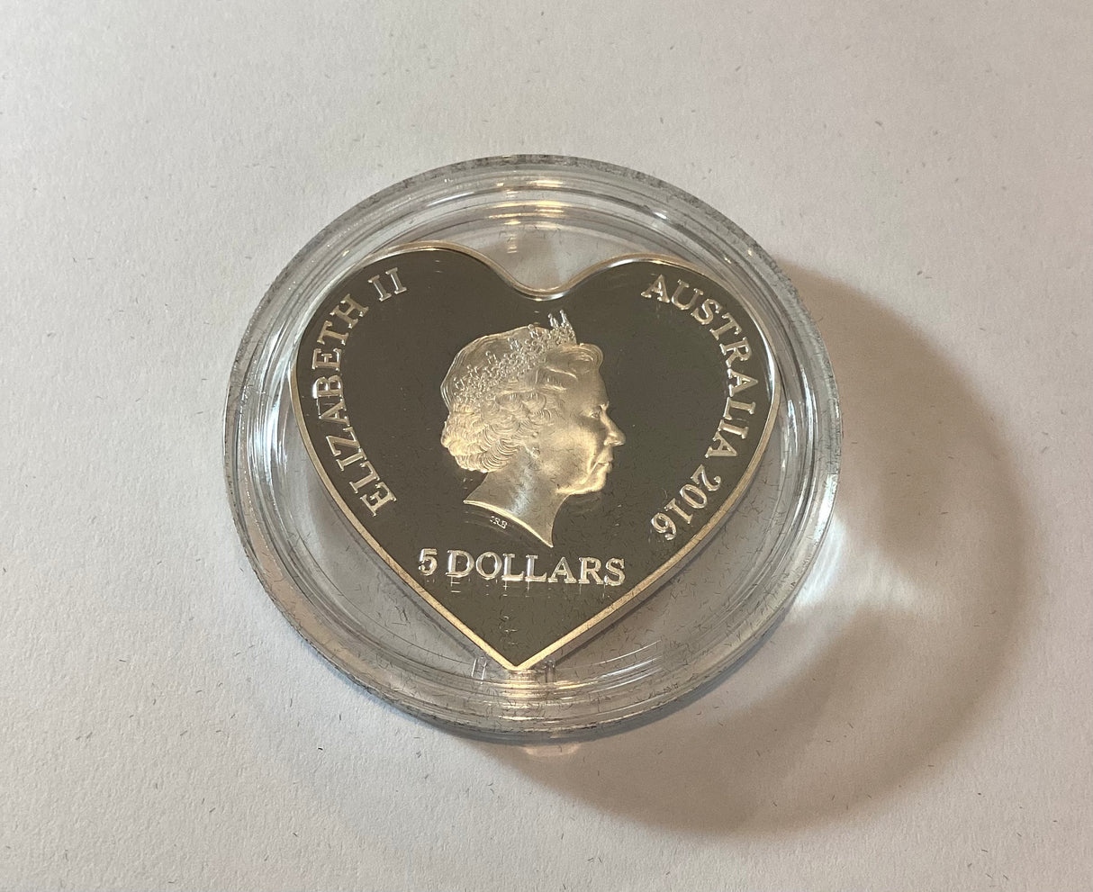 2016 $5 With Love Fine Silver Proof Heart Shaped Coin.