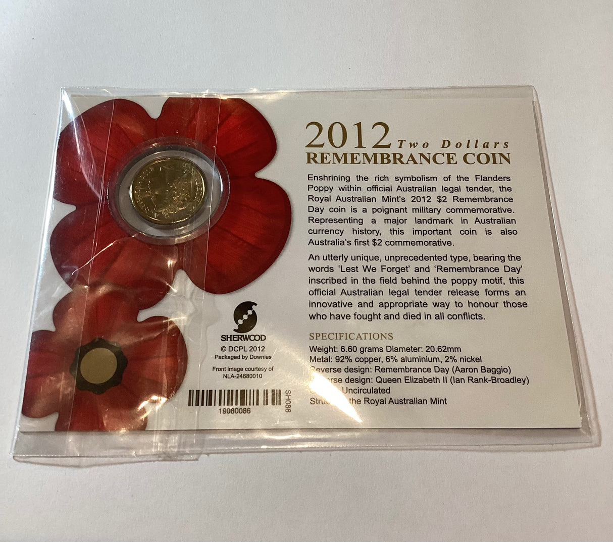 2012 $2 Remembrance Gold Poppy Downies Card
