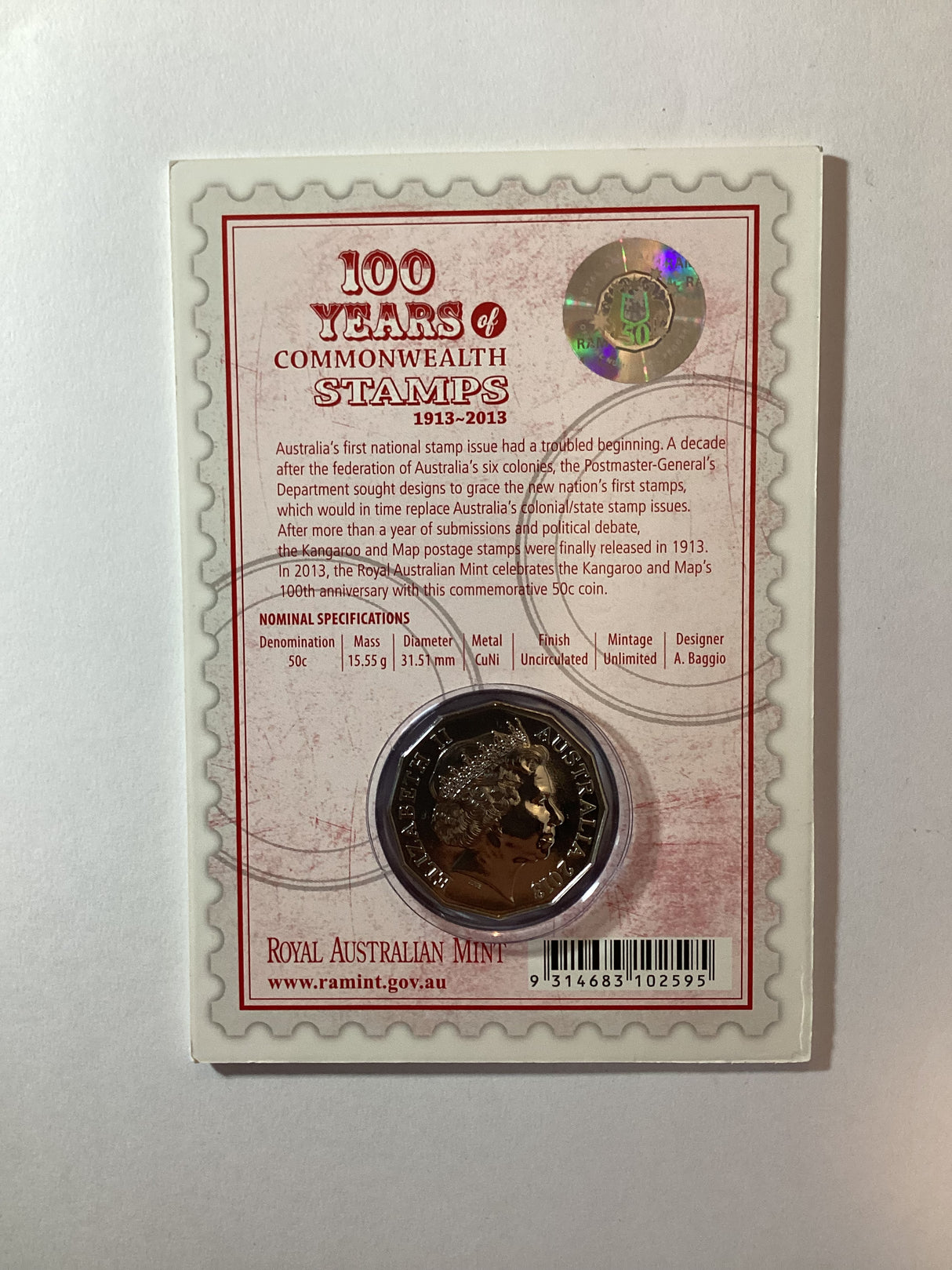 2013 50c 100 Years of Commonwealth Stamps Carded Coin