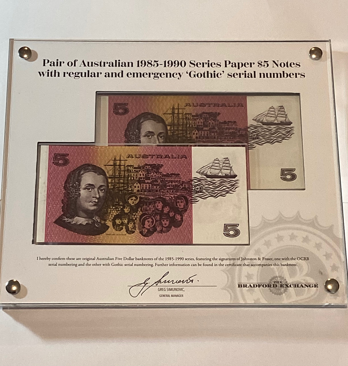 Bradford Exchange Pair of Australian 1985-1990 Series Paper $5 Notes. Regular and Gothic
