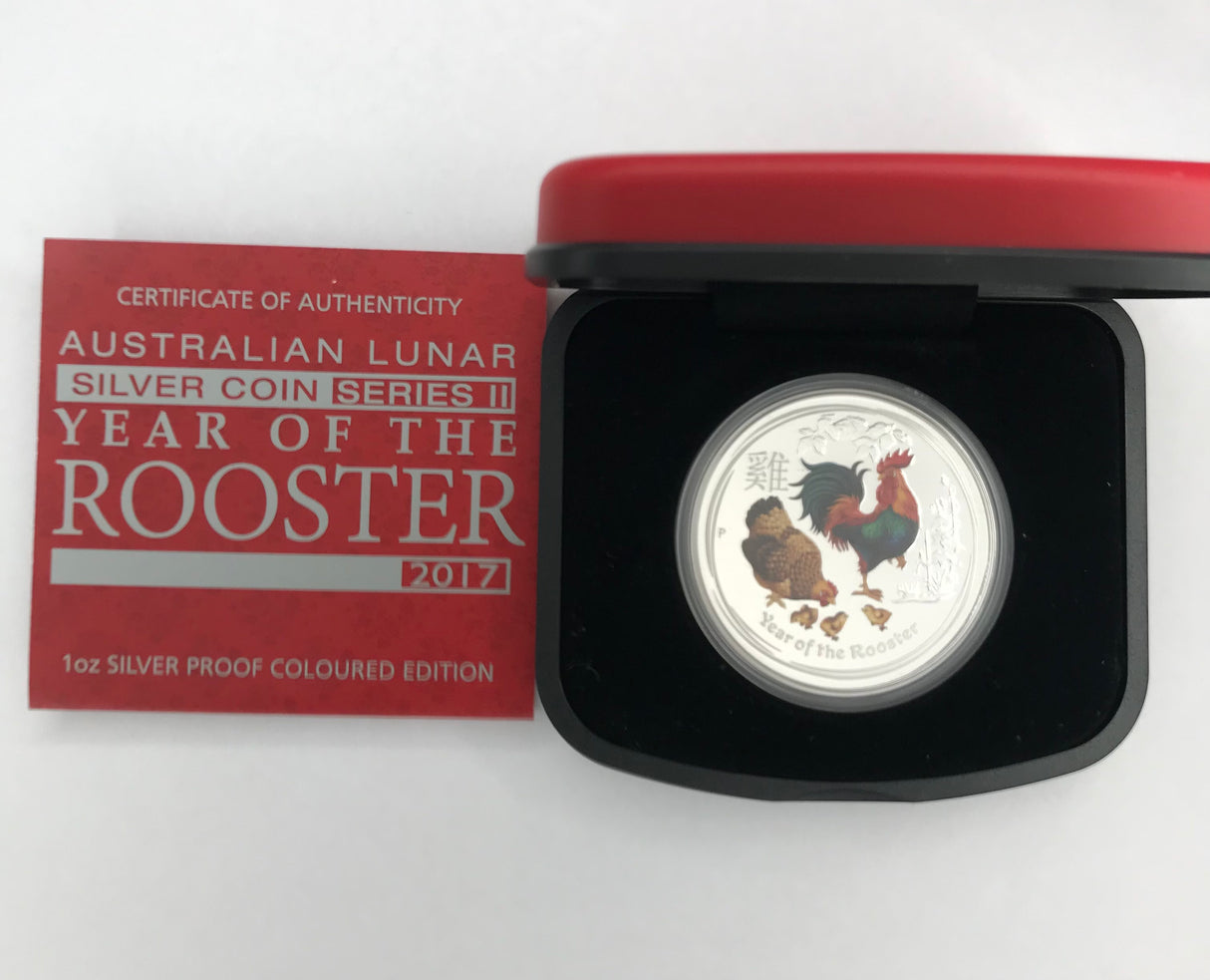 2017 $1 1oz Silver Proof Coloured Edition Coin. Year of the Rooster.