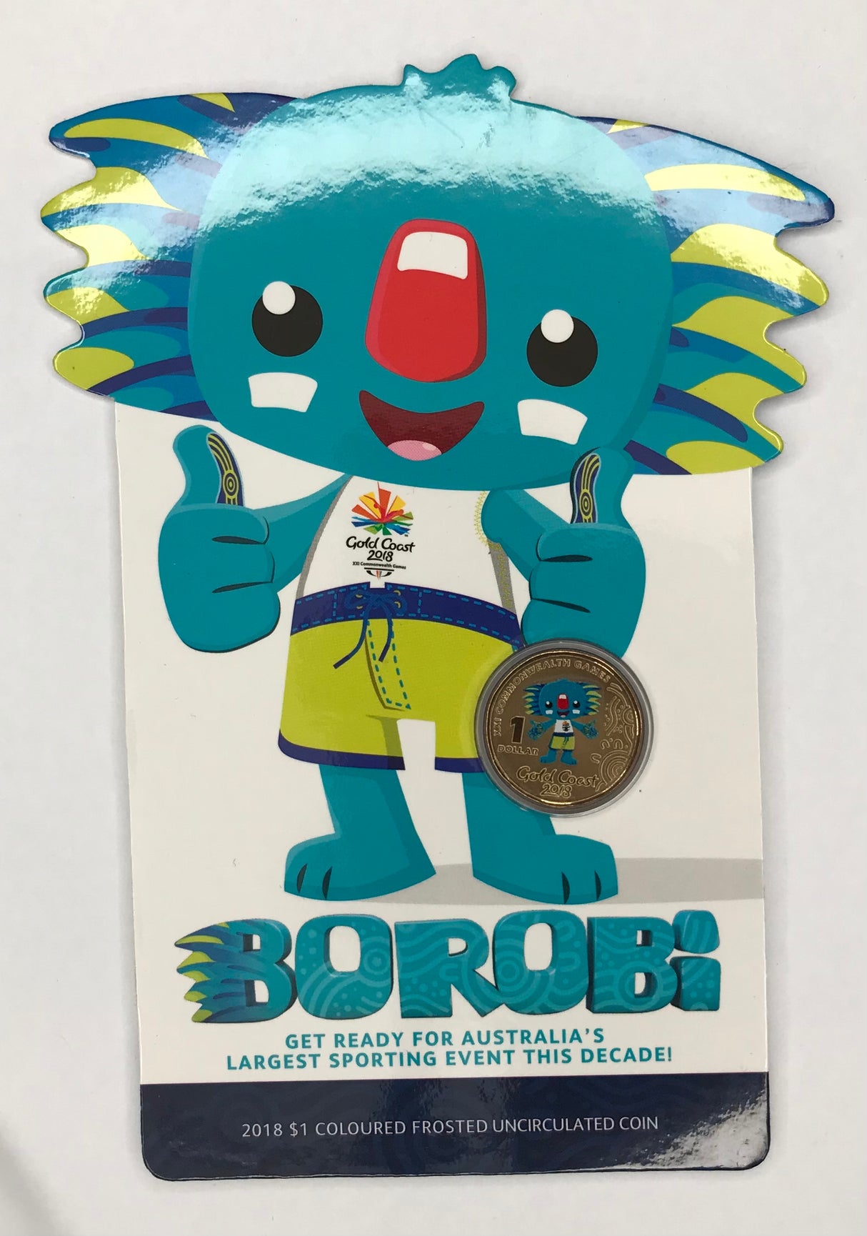 2018 $1 Coloured Frosted Uncirculated Carded Coin. Borobi. Commonwealth Games.