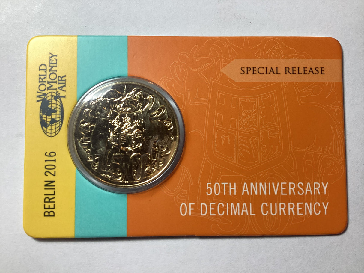 2016 50c 50th Anniversary of Decimal Currency. Gold Plated Uncirculated Carded Coin. World Money Fair