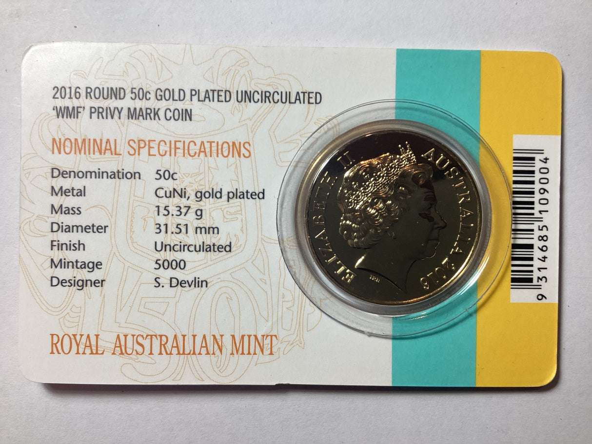 2016 50c 50th Anniversary of Decimal Currency. Gold Plated Uncirculated Carded Coin. World Money Fair