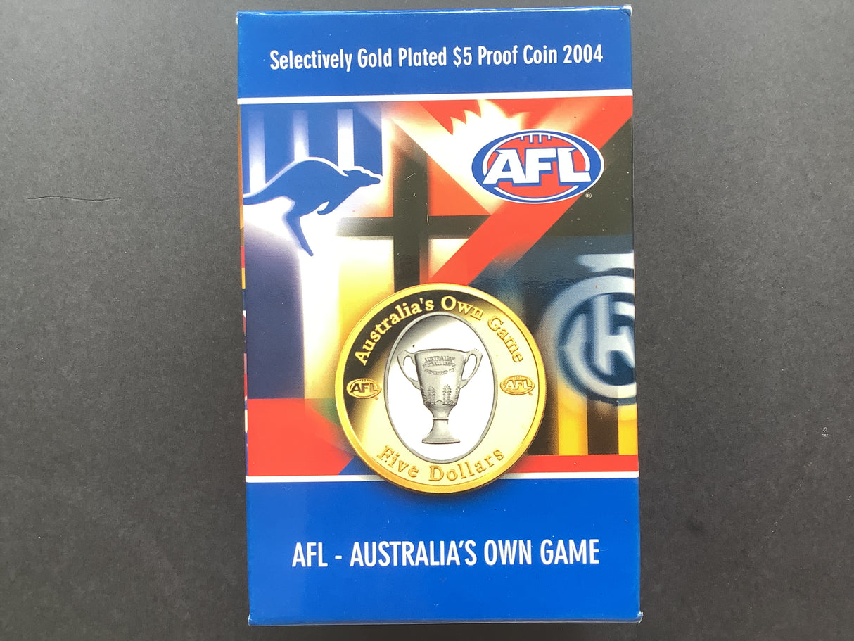2004 $5 Selectively Gold Plated Proof. AFL Australia’s Own Game.