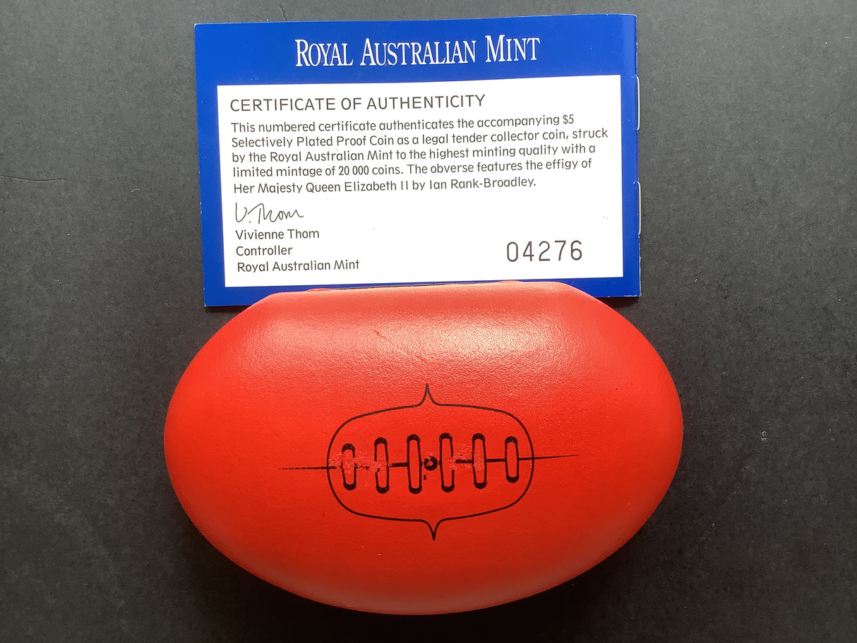2004 $5 Selectively Gold Plated Proof. AFL Australia’s Own Game.