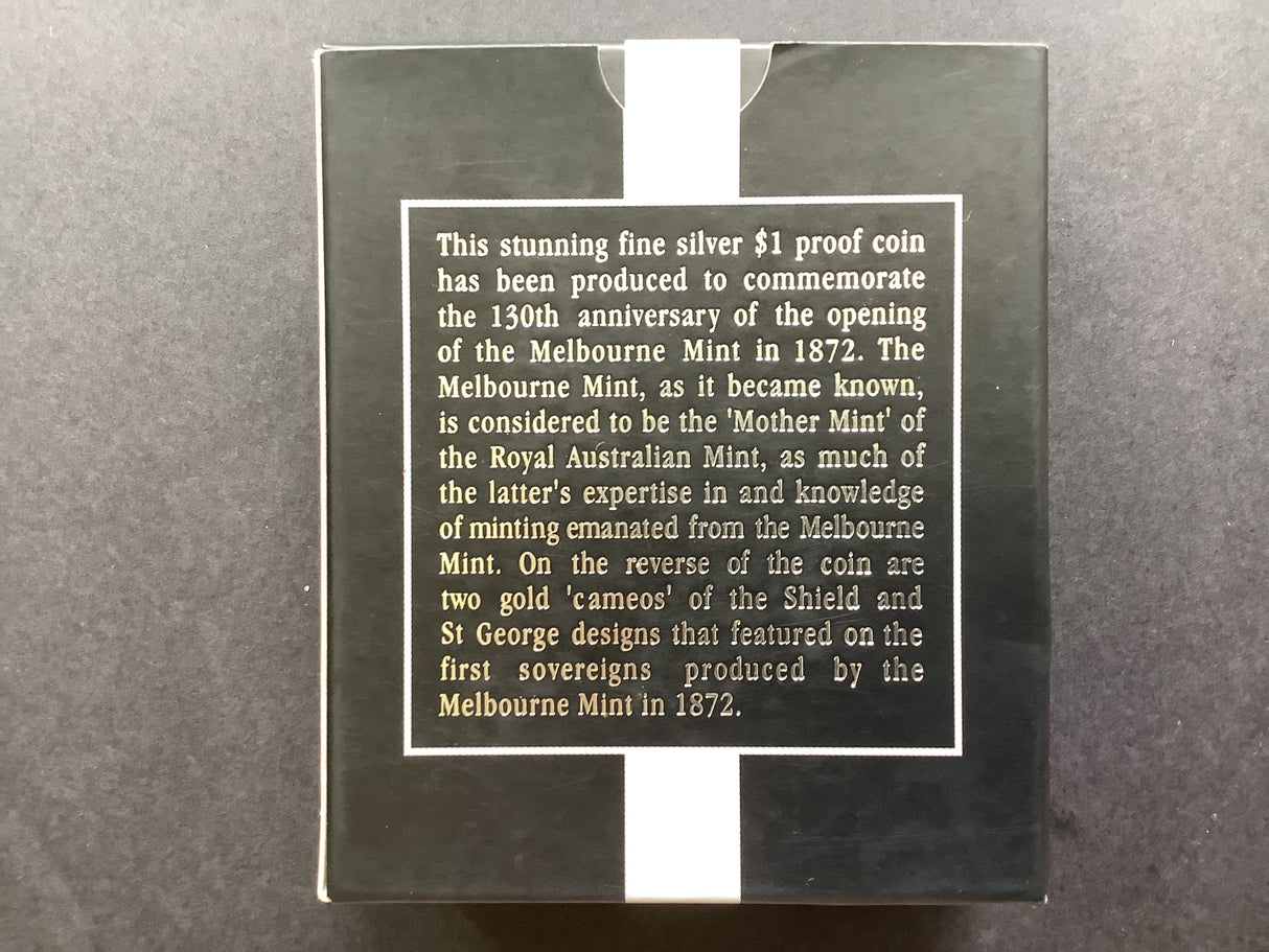 2002 $1 Fine Silver Proof. Melbourne Mint 1872-2002.