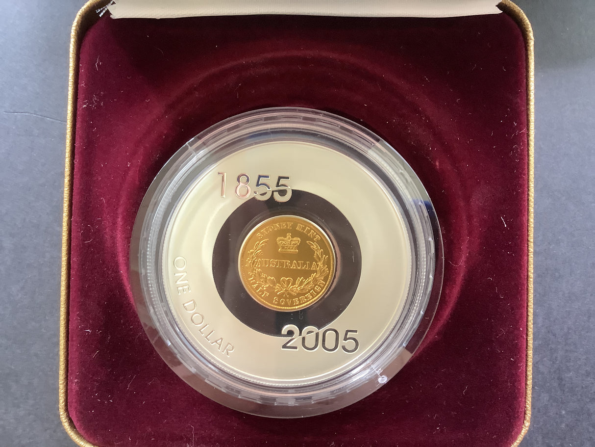2005 $1 Silver Proof Subscription Coin. 1855 Sydney Half Sovereign.