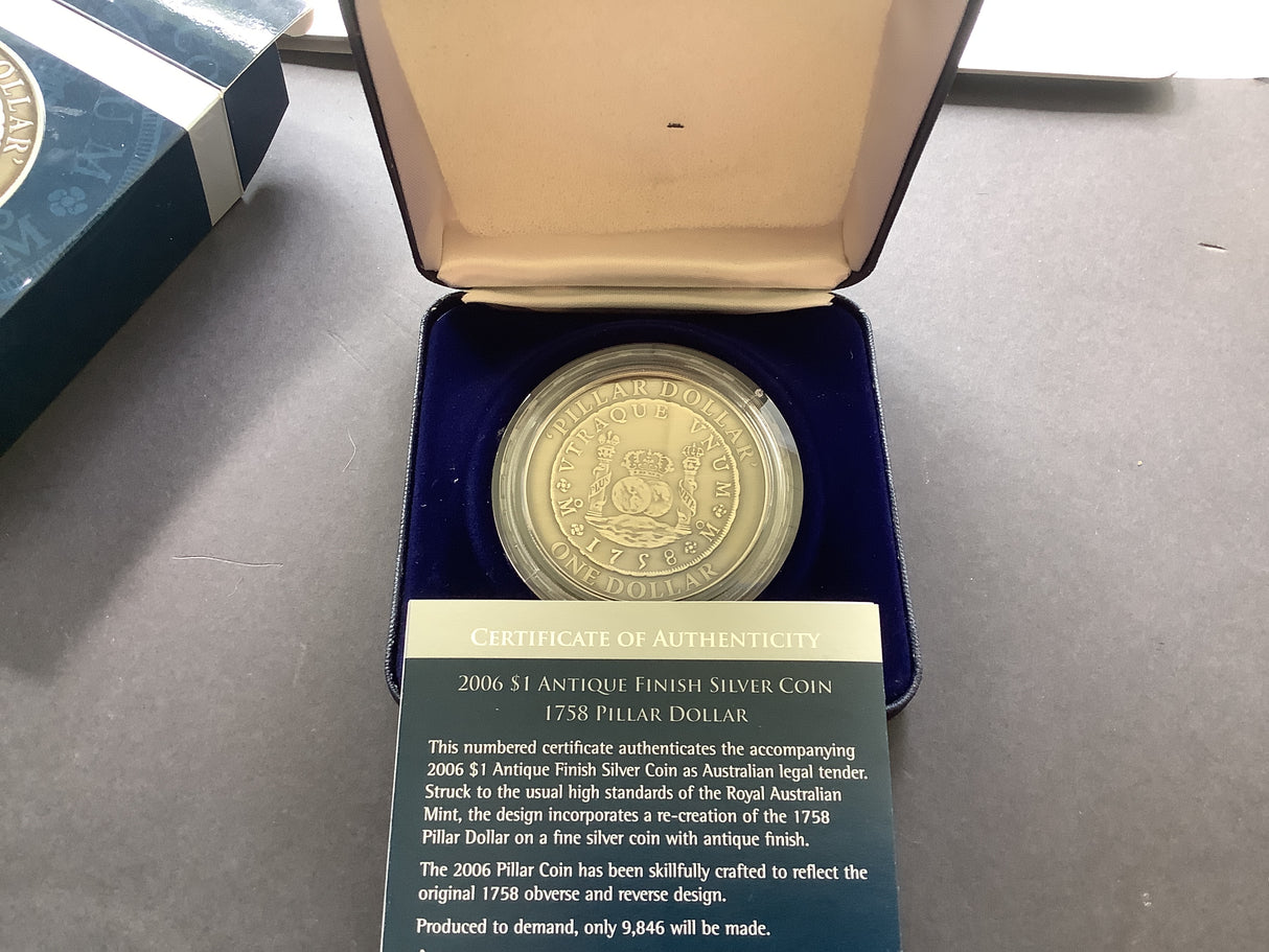 2006 $1 Antique Proof Silver Subscription Coin. 1758 Pillar Dollar.