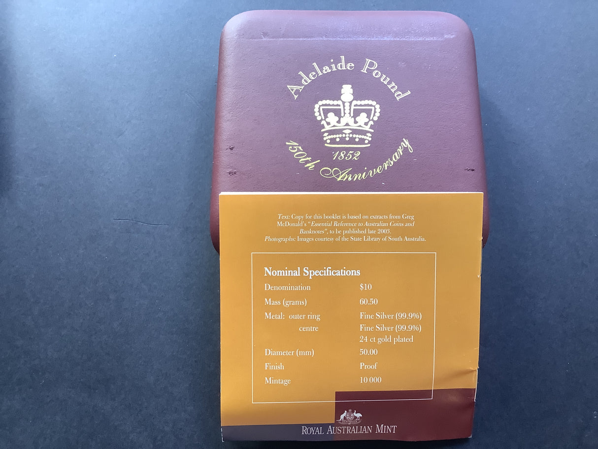 2002 $10 Silver Proof Coin. 150th Anniversary of the Adelaide Pound.