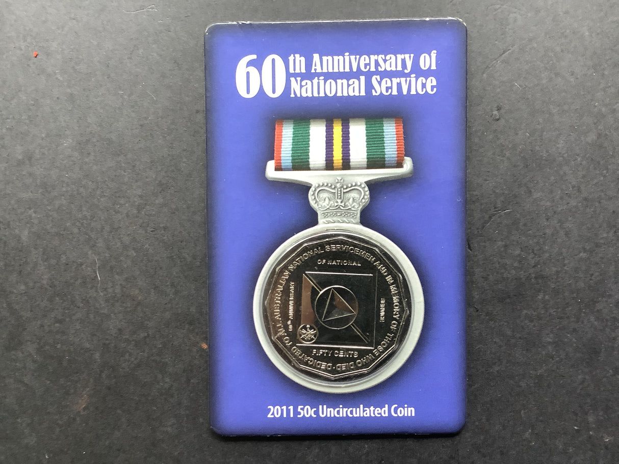 2011 60th Anniversary of National Service 50c Uncirculated Carded Coin.