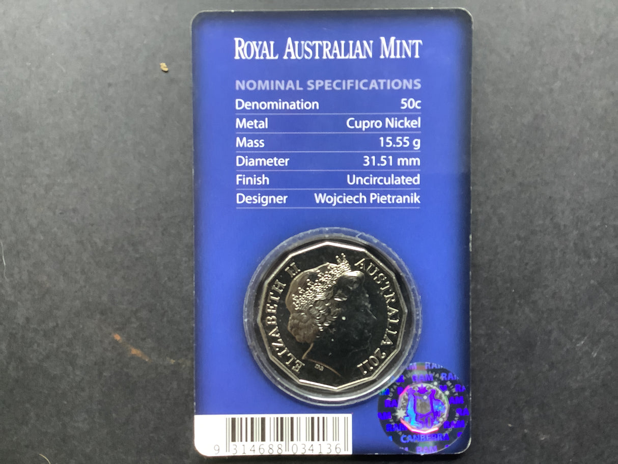 2011 60th Anniversary of National Service 50c Uncirculated Carded Coin.