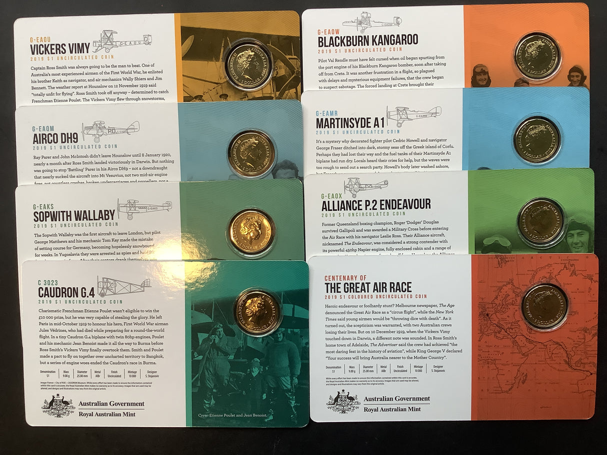 2019 Centenary of the Great Air Race England to Australia. 8 Coin Tin Set.