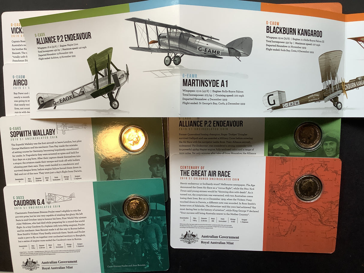 2019 Centenary of the Great Air Race England to Australia. 8 Coin Tin Set.