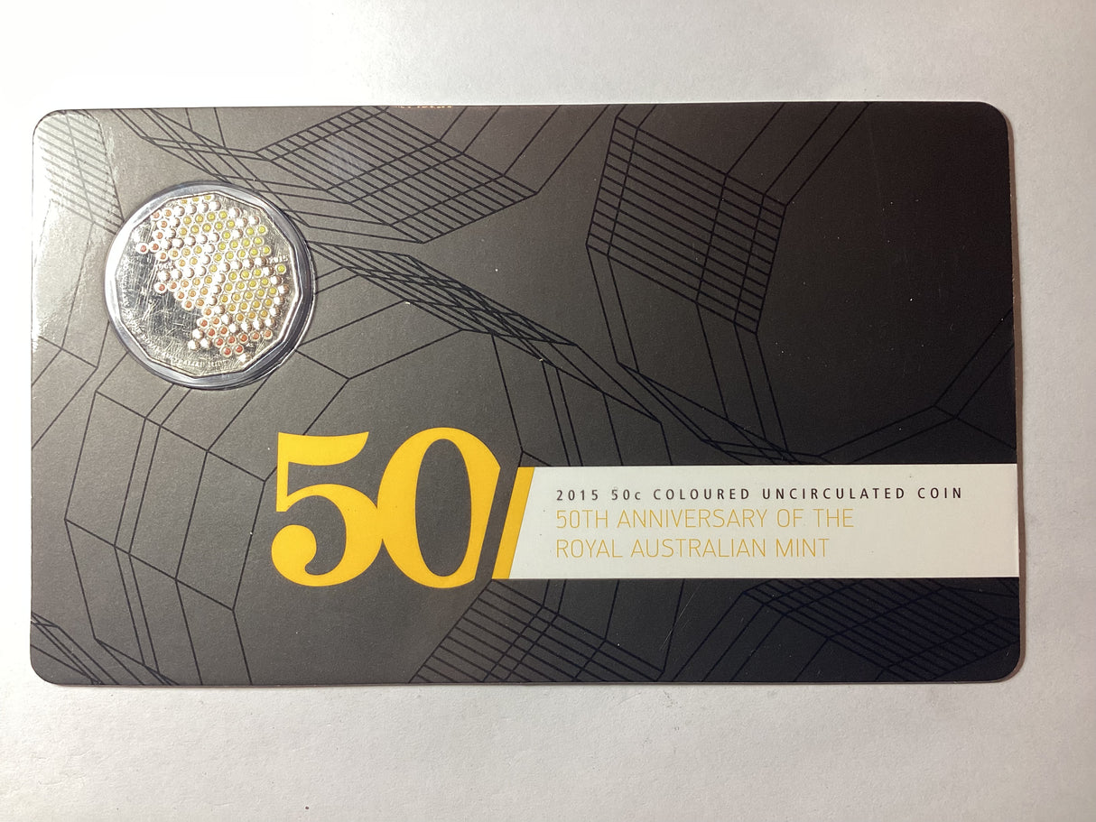 2015 50c Coloured Uncirculated Coin. 50th Anniversary of the Royal Australian Mint