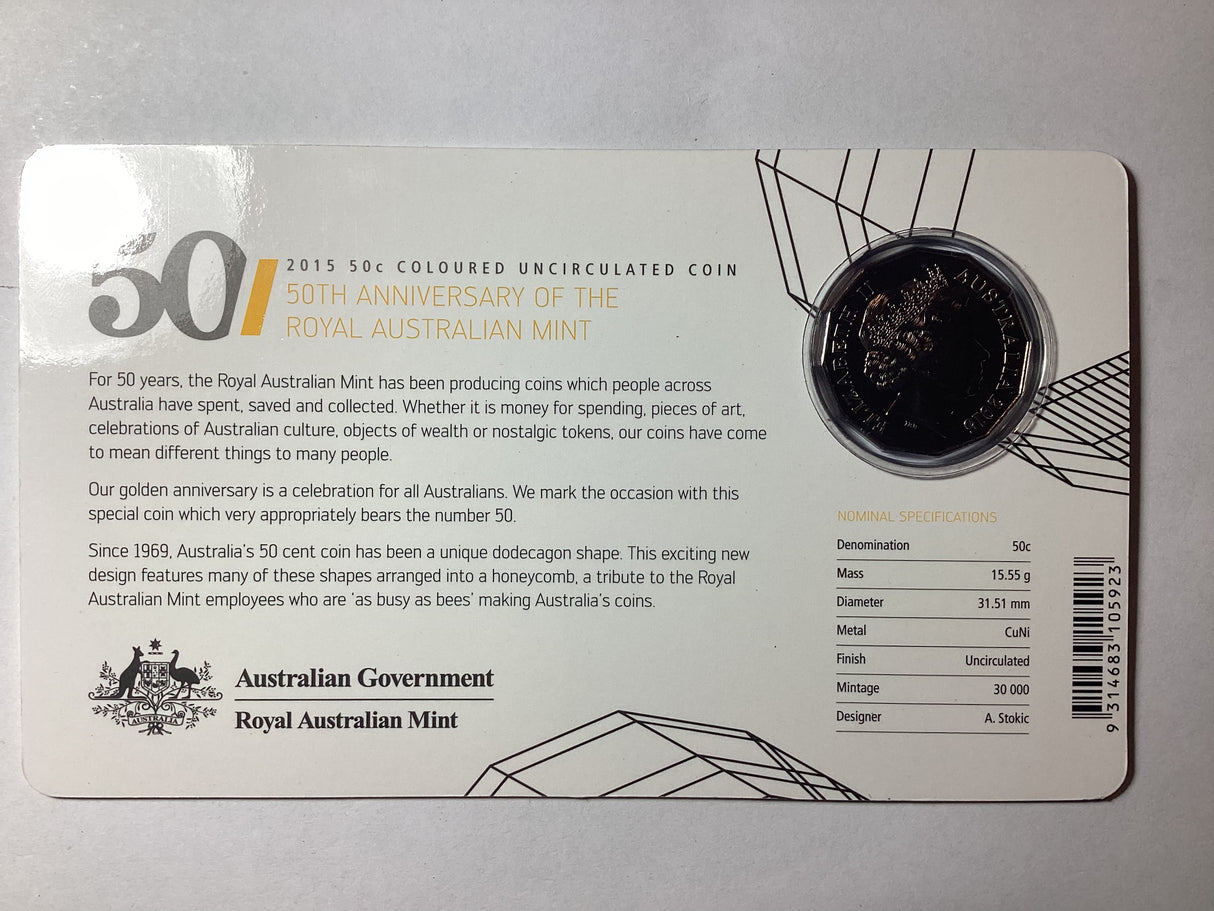 2015 50c Coloured Uncirculated Coin. 50th Anniversary of the Royal Australian Mint