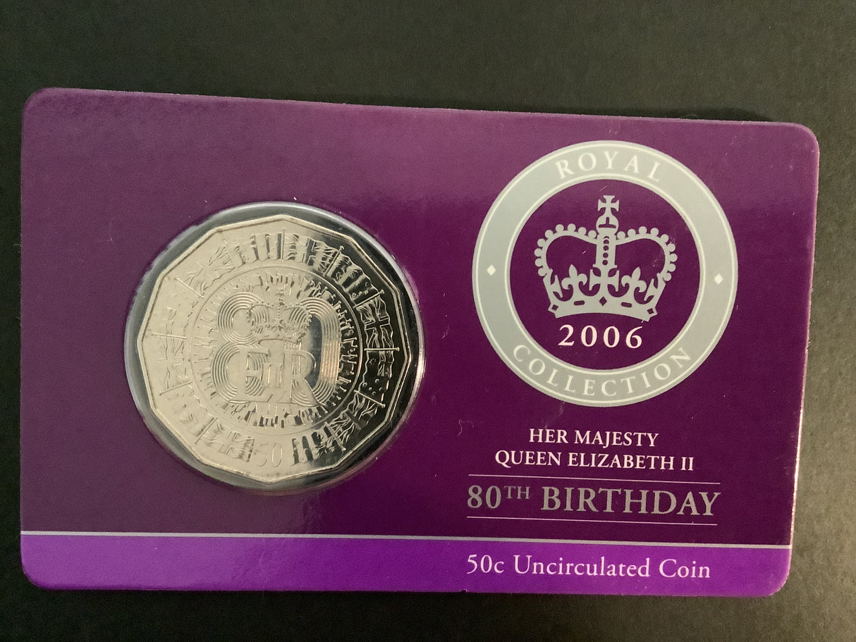 2006 50c Her Majesty 80th Birthday. Carded Coin