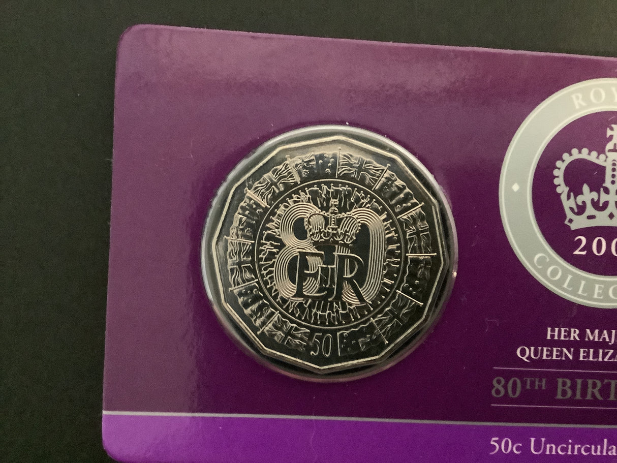 2006 50c Her Majesty 80th Birthday. Carded Coin