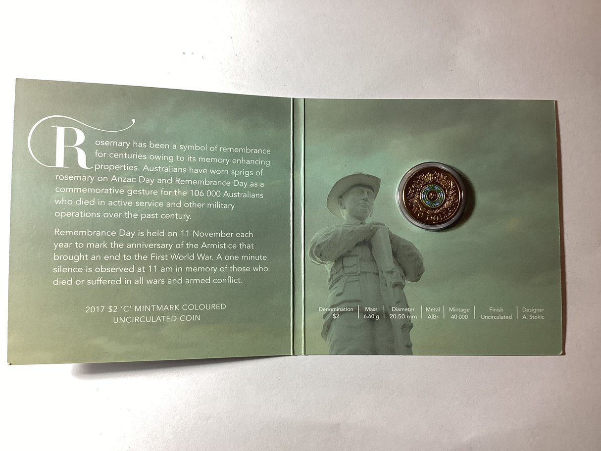2017 $2 Remembrance Day Rosemary 'C' Mintmark Uncirculated Carded Coin