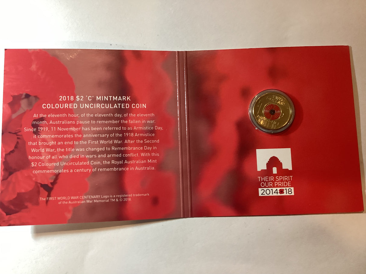 2018 $2 Remembrance Day 'C' Mintmark Uncirculated Carded Coin. Armistice
