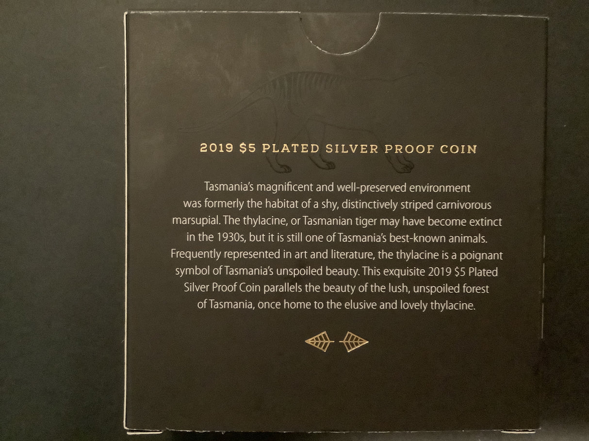 2019 Echoes of Australian Fauna Tasmanian Tiger $5 Plated Silver Proof Coin.